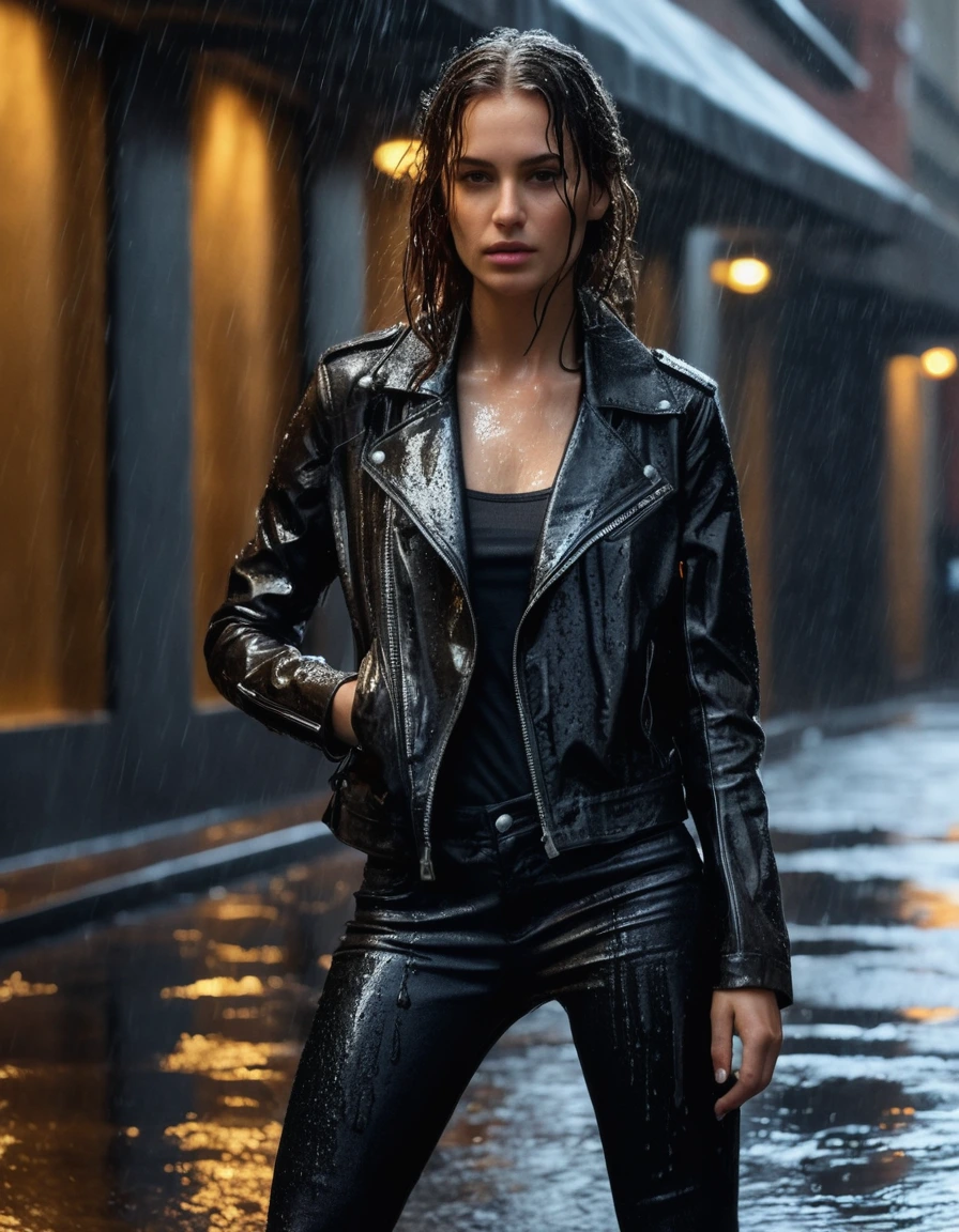 photo of young woman, in soaking wet, drenched clothes,
Black leather ankle boots, soaked and glistening, skin tight black leather jeans, saturated , black long sleeve leather shirt, black bikers leather jacket, Upscale hotel driveway under warm golden portico lighting, 
enjoying, wet clothes stuck to body,
detailed textures of the wet clothes, wet face, wet plastered hair,
wet, drenched, professional, high-quality details, full body view.
sharp focus, ultra-high pixel detail, realistic, high-quality, full colors, incredibly detailed, 4k, 8k, 16k, hyper-realistic, RAW photo, masterpiece, ultra-detailed, professionally color graded, professional photograph, Cinematic atmosphere, torrential rain streaks, water pooling on asphalt, sharp reflections, high contrast, dramatic shadows, hyper-realistic wet fabric textures, 8k resolution., dry skin, dry clothes, dry fabric