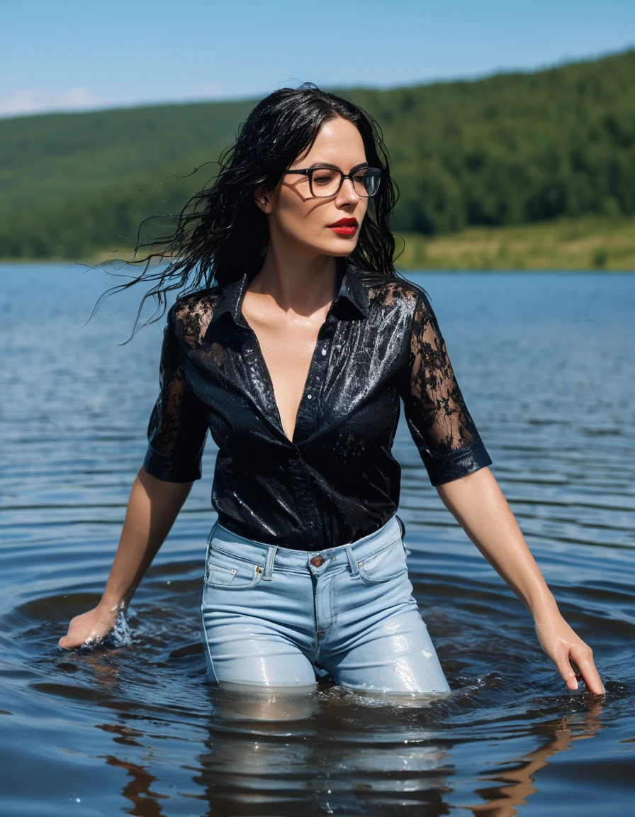 photo of young woman, in soaking wet, drenched clothes,
office shoes , long light blue leather jeans, black lace top with short sleeves, walking submerged in sunny deep lake, 
enjoying, wet clothes stuck to body,
detailed textures of the wet clothes, wet face, wet plastered hair,
wet, drenched, professional, high-quality details, full body view.
sharp focus, ultra-high pixel detail, realistic, high-quality, full colors, incredibly detailed, 4k, 8k, 16k, hyper-realistic, RAW photo, masterpiece, ultra-detailed, professionally color graded, professional photograph, woman 51 years old, long black hair, very big and thick lips, office glasses, complete body, open mouth