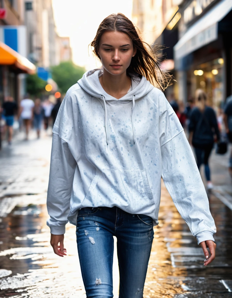 photo of young woman, in soaking wet, drenched clothes,
white leather sneakers soaked with dark water spots, faded blue denim jeans clinging tightly to skin, oversized white cotton t-shirt plastered to torso, bustling urban shopping street sidewalk, 
enjoying, wet clothes stuck to body,
detailed textures of the wet clothes, wet face, wet plastered hair,
wet, drenched, professional, high-quality details, full body view.
sharp focus, ultra-high pixel detail, realistic, high-quality, full colors, incredibly detailed, 4k, 8k, 16k, hyper-realistic, RAW photo, masterpiece, ultra-detailed, professionally color graded, professional photograph, candid paparazzi style, drenched clothing, fabric transparency, high-contrast sunlight, glistening skin, water droplets, realistic street photography, sharp focus, dry skin, dry clothes, dry fabric