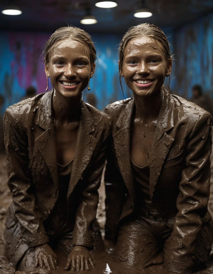 photo of young woman, in soaking wet, drenched clothes,
, Long tight very muddy suit pants, Full muddy ruined fully opened tight blazer like a fancy uniform over topless., Dark muddy indoor disco club at night. Deep mud on the floor, mud splashed walls, dripping mud from above, very dark mood lighting with pink and blue neon lights from above. Muddy chairs and sofas in the background. , 
enjoying, wet clothes stuck to body,
detailed textures of the wet clothes, wet face, wet plastered hair,
wet, drenched, professional, high-quality details, full body view.
sharp focus, ultra-high pixel detail, realistic, high-quality, full colors, incredibly detailed, 4k, 8k, 16k, hyper-realistic, RAW photo, masterpiece, ultra-detailed, professionally color graded, professional photograph, Four cute blonde tall 14 years old beautiful gleaming girls with childish appearance are wallowing together in the muddy pool after a full dip in it and holding a glass of juice in their hands during the crazy muddy indoor disco party at night and posing for a professional photo. They are proudly wearing their fully and heavily mud-covered suits. Every small details of the clothes are muddy, clean beautiful faces. Their blazer has the same colour as their muddy pants. The classy elegant disco club is totally destroyed by mud, mud spots everywhere, mud flows down on the walls, mud on the furnitures in the background. Straight muddy very long open wavy hairstyle, muddy hair, smiling childish and satisfied beautiful clean faces, blue eyes, earrings, lipstick. The girls are enjoying to being total muddy in the muddy pool while they are enjoying the muddy party. Photorealistic detailed smiling facial expressions. Full-body photo from front view, highly realistic representation, ultra sharp focus, highly photorealistic detailed textures, highly photorealistic detailed facial features and expressions, highly photorealistic hands, highly emotional reactions, highly best quality, highly sharp photorealistic image, highly photorealistic details, full UHD resolution, 32 K, very high level of detail and image sharpness, zoomed in