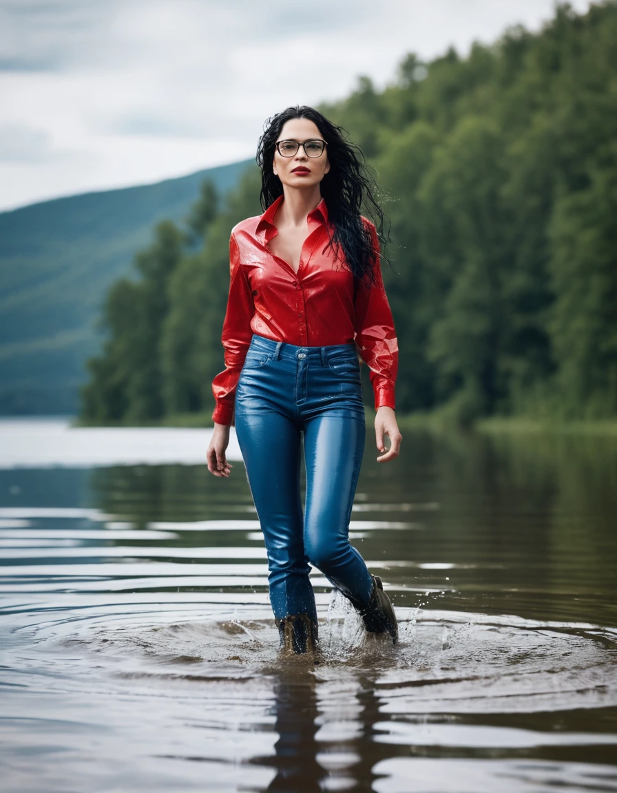 photo of young woman, in soaking wet, drenched clothes,
office shoes , long blue leather jeans, red jeans shirt with long sleeves, walking submerged in sunny deep lake, 
enjoying, wet clothes stuck to body,
detailed textures of the wet clothes, wet face, wet plastered hair,
wet, drenched, professional, high-quality details, full body view.
sharp focus, ultra-high pixel detail, realistic, high-quality, full colors, incredibly detailed, 4k, 8k, 16k, hyper-realistic, RAW photo, masterpiece, ultra-detailed, professionally color graded, professional photograph, woman 51 years old, long black hair, very big and thick lips, office glasses, complete body, open mouth