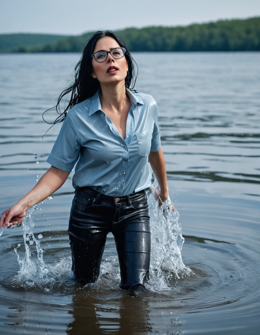photo of young woman, in soaking wet, drenched clothes,
office shoes , long light blue leather jeans, black top with short sleeves, walking submerged in sunny deep lake, 
enjoying, wet clothes stuck to body,
detailed textures of the wet clothes, wet face, wet plastered hair,
wet, drenched, professional, high-quality details, full body view.
sharp focus, ultra-high pixel detail, realistic, high-quality, full colors, incredibly detailed, 4k, 8k, 16k, hyper-realistic, RAW photo, masterpiece, ultra-detailed, professionally color graded, professional photograph, woman 51 years old, long black hair, very big and thick lips, office glasses, complete body, open mouth