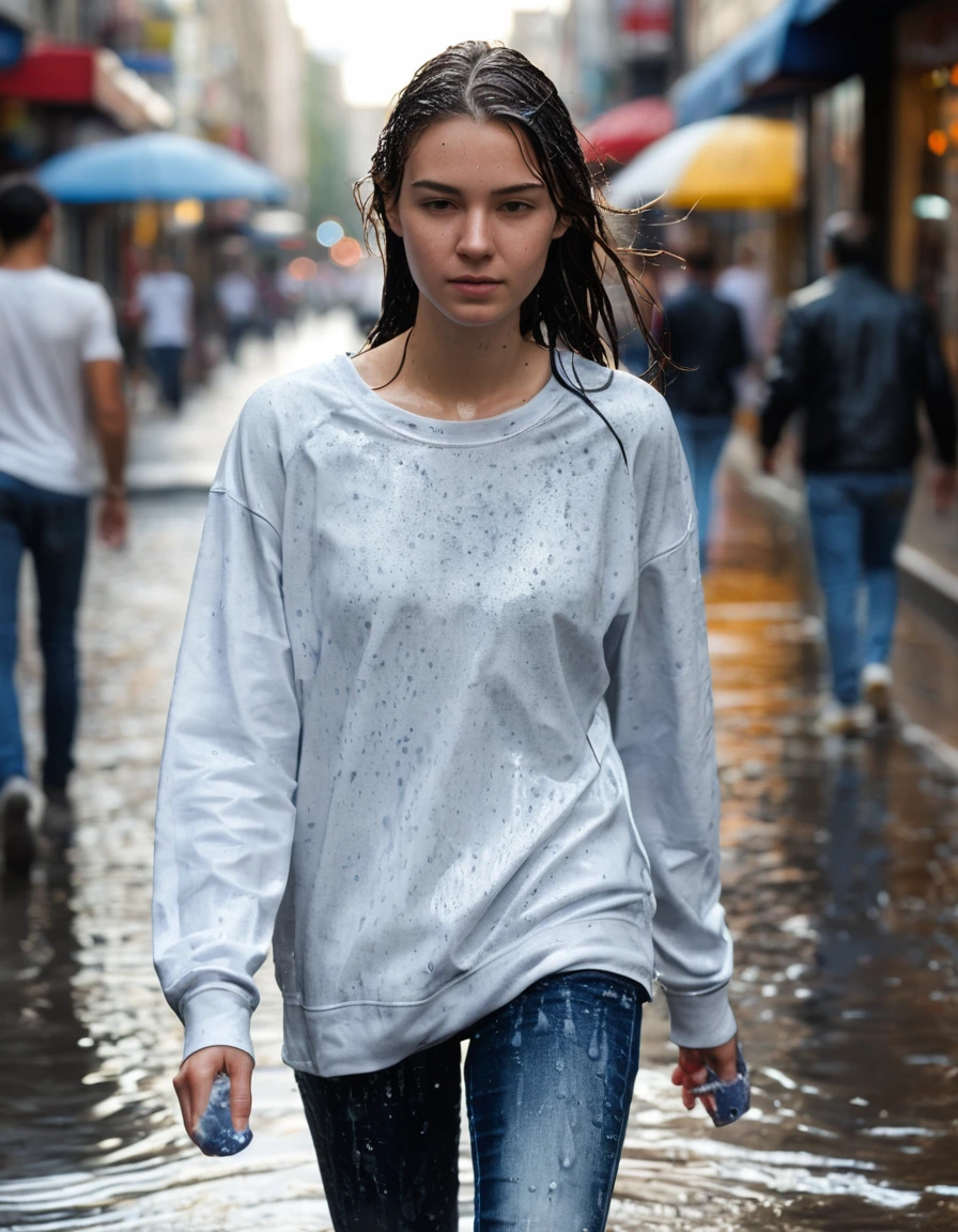 photo of young woman, in soaking wet, drenched clothes,
white leather sneakers soaked with dark water spots, faded blue leather jeans clinging tightly to skin, oversized white cotton t-shirt plastered to torso, bustling urban shopping street sidewalk, 
enjoying, wet clothes stuck to body,
detailed textures of the wet clothes, wet face, wet plastered hair,
wet, drenched, professional, high-quality details, full body view.
sharp focus, ultra-high pixel detail, realistic, high-quality, full colors, incredibly detailed, 4k, 8k, 16k, hyper-realistic, RAW photo, masterpiece, ultra-detailed, professionally color graded, professional photograph, candid paparazzi style, drenched clothing, fabric transparency, high-contrast sunlight, glistening skin, water droplets, realistic street photography, sharp focus, dry skin, dry clothes, dry fabric