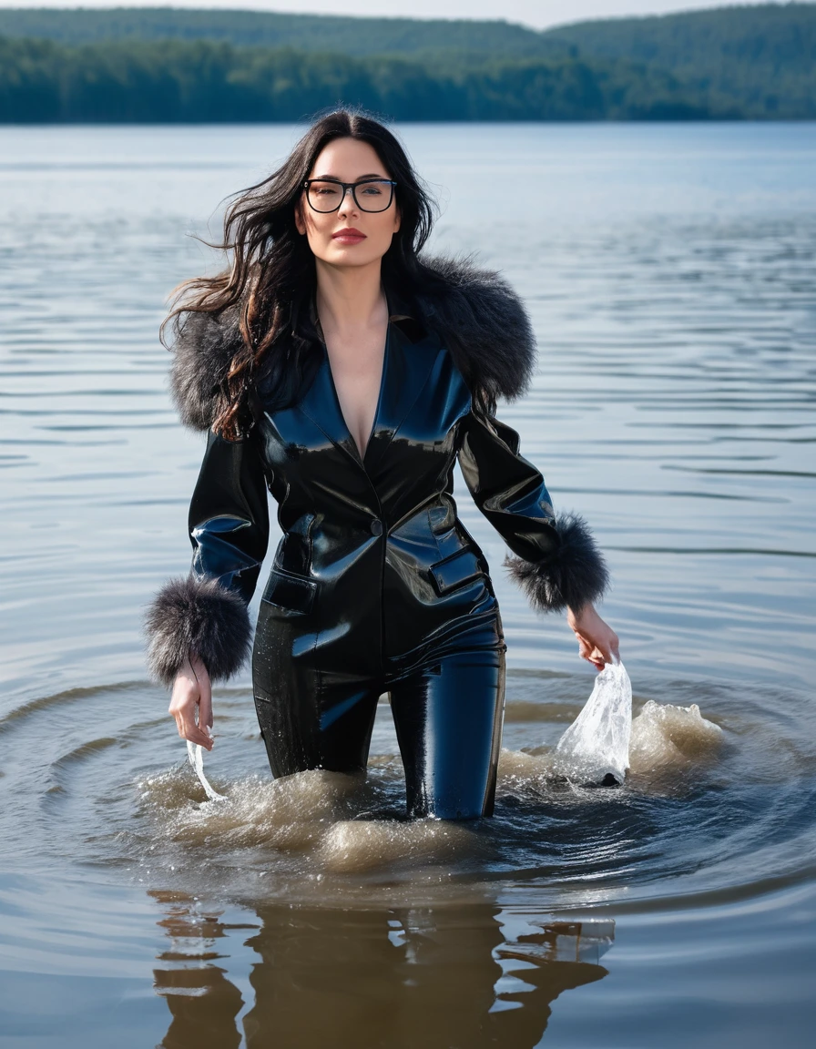 photo of young woman, in soaking wet, drenched clothes,
office shoes , long black latex jeans, maxi gray fur coat, walking submerged in sunny deep lake, 
enjoying, wet clothes stuck to body,
detailed textures of the wet clothes, wet face, wet plastered hair,
wet, drenched, professional, high-quality details, full body view.
sharp focus, ultra-high pixel detail, realistic, high-quality, full colors, incredibly detailed, 4k, 8k, 16k, hyper-realistic, RAW photo, masterpiece, ultra-detailed, professionally color graded, professional photograph, woman 51 years old, long black hair, very big and thick lips, office glasses, complete body, open mouth