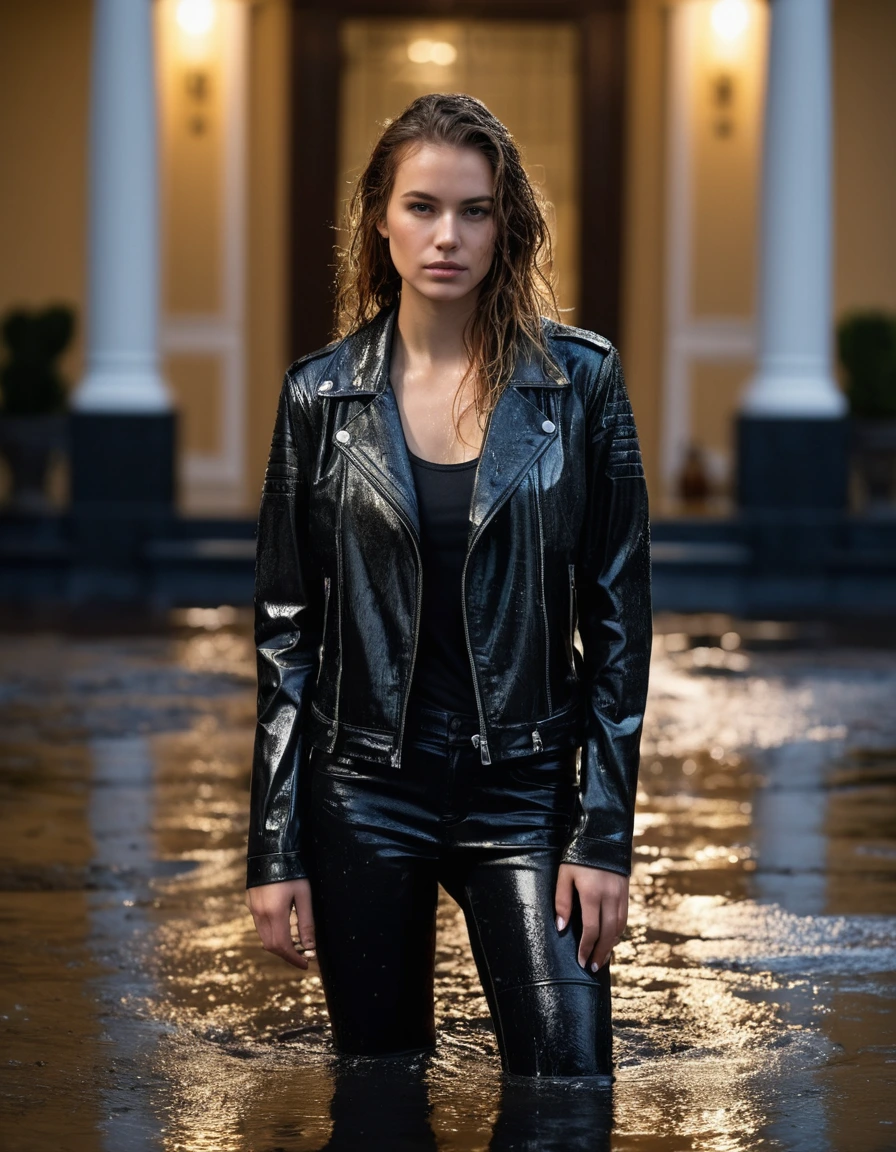 photo of young woman, in soaking wet, drenched clothes,
Black leather ankle boots, soaked and glistening, skin tight black leather jeans, saturated , black long sleeve leather shirt, black bikers leather jacket, Upscale hotel driveway under warm golden portico lighting, 
enjoying, wet clothes stuck to body,
detailed textures of the wet clothes, wet face, wet plastered hair,
wet, drenched, professional, high-quality details, full body view.
sharp focus, ultra-high pixel detail, realistic, high-quality, full colors, incredibly detailed, 4k, 8k, 16k, hyper-realistic, RAW photo, masterpiece, ultra-detailed, professionally color graded, professional photograph, Cinematic atmosphere, torrential rain streaks, water pooling on asphalt, sharp reflections, high contrast, dramatic shadows, hyper-realistic wet fabric textures, 8k resolution., dry skin, dry clothes, dry fabric