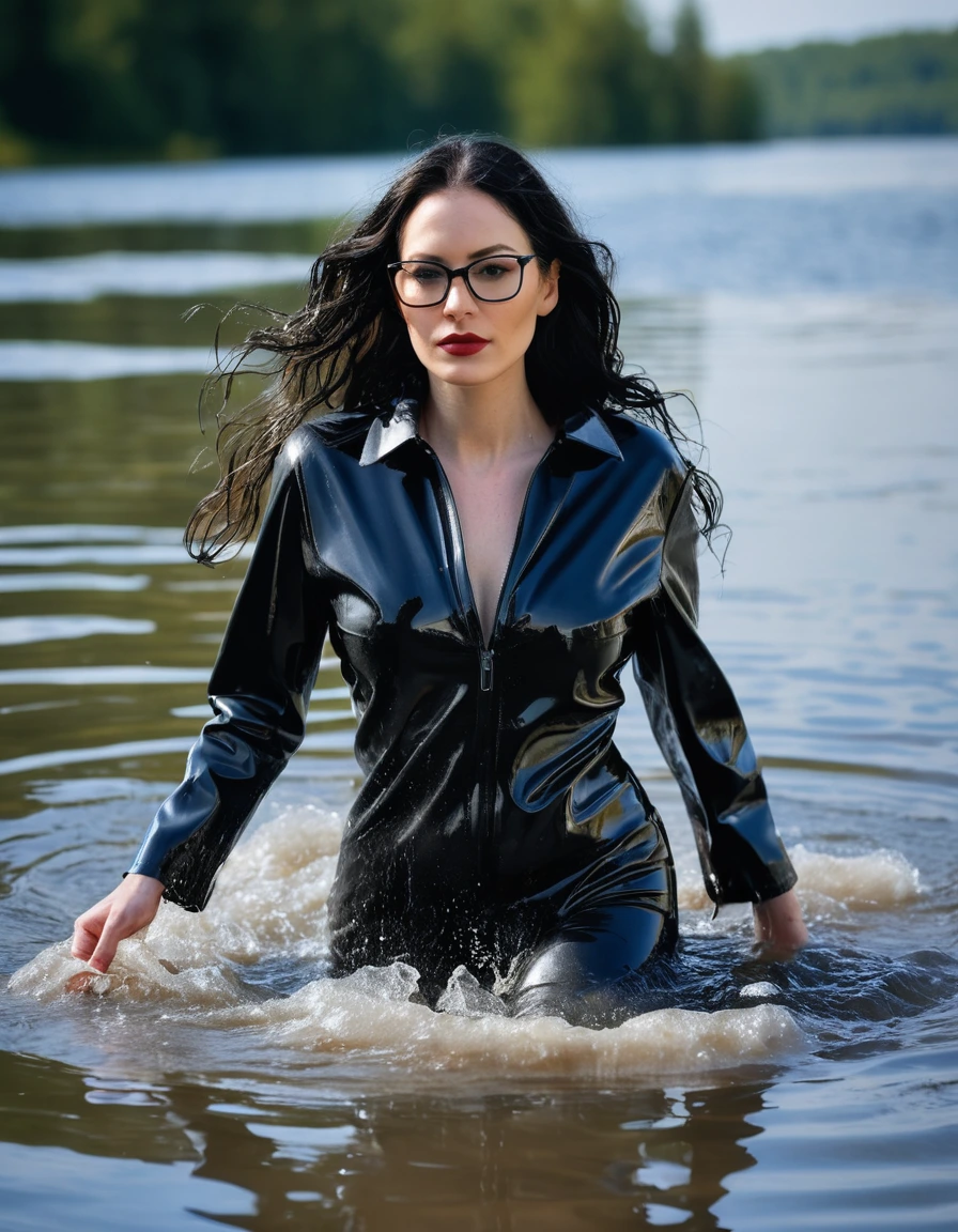 photo of young woman, in soaking wet, drenched clothes,
office shoes , long black latex jeans, maxi gray fur coat, walking submerged in sunny deep lake, 
enjoying, wet clothes stuck to body,
detailed textures of the wet clothes, wet face, wet plastered hair,
wet, drenched, professional, high-quality details, full body view.
sharp focus, ultra-high pixel detail, realistic, high-quality, full colors, incredibly detailed, 4k, 8k, 16k, hyper-realistic, RAW photo, masterpiece, ultra-detailed, professionally color graded, professional photograph, woman 51 years old, long black hair, very big and thick lips, office glasses, complete body, open mouth