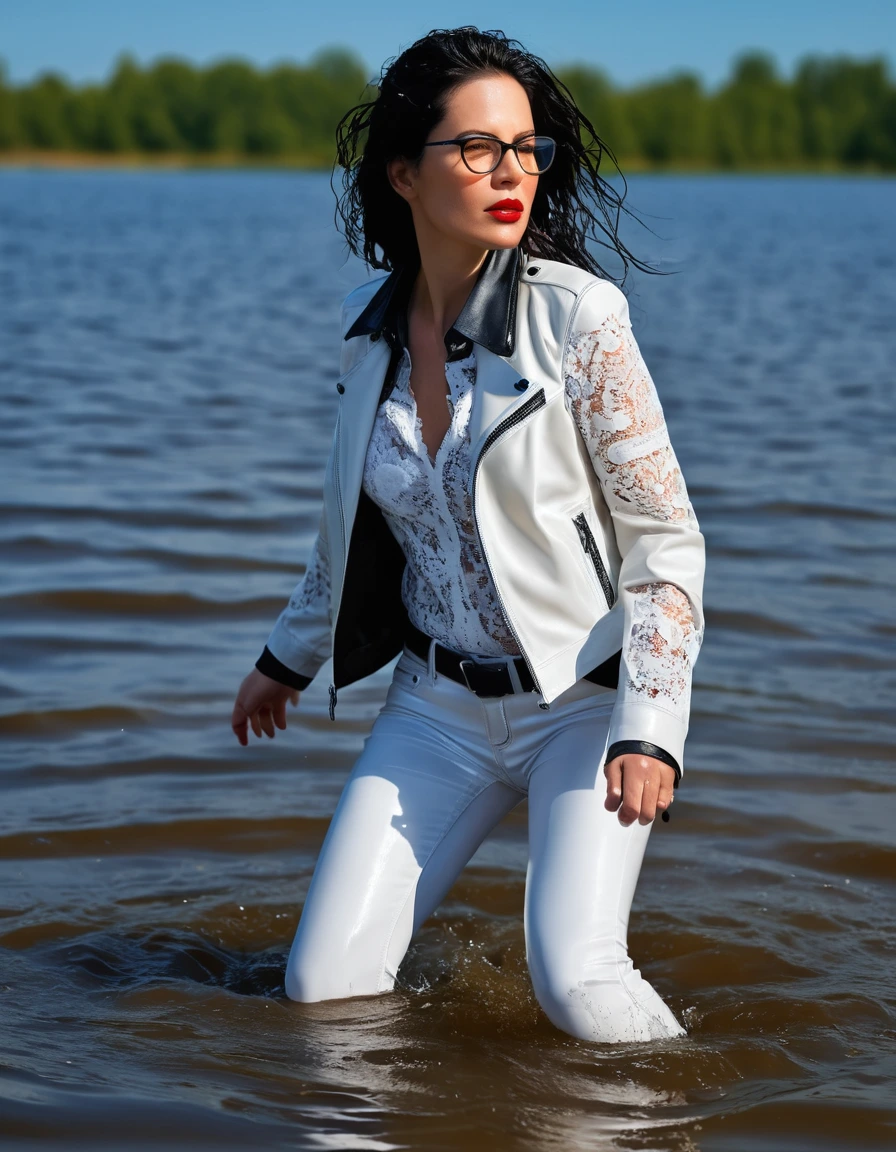 photo of young woman, in soaking wet, drenched clothes,
office shoes , long  white leather jeans, white silk lace shirt, black biker leather jacket, walking submerged in sunny deep lake, 
enjoying, wet clothes stuck to body,
detailed textures of the wet clothes, wet face, wet plastered hair,
wet, drenched, professional, high-quality details, full body view.
sharp focus, ultra-high pixel detail, realistic, high-quality, full colors, incredibly detailed, 4k, 8k, 16k, hyper-realistic, RAW photo, masterpiece, ultra-detailed, professionally color graded, professional photograph, woman 51 years old, long black hair, very big and thick lips, office glasses, complete body, open mouth
