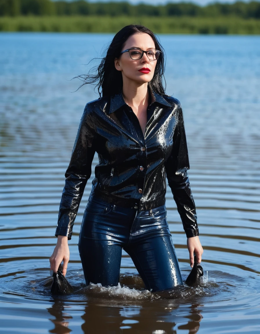 photo of young woman, in soaking wet, drenched clothes,
office shoes , long blue latex jeans, black silk lace shirt, black biker latex jacket, walking submerged in sunny deep lake, 
enjoying, wet clothes stuck to body,
detailed textures of the wet clothes, wet face, wet plastered hair,
wet, drenched, professional, high-quality details, full body view.
sharp focus, ultra-high pixel detail, realistic, high-quality, full colors, incredibly detailed, 4k, 8k, 16k, hyper-realistic, RAW photo, masterpiece, ultra-detailed, professionally color graded, professional photograph, woman 51 years old, long black hair, very big and thick lips, office glasses, complete body, open mouth