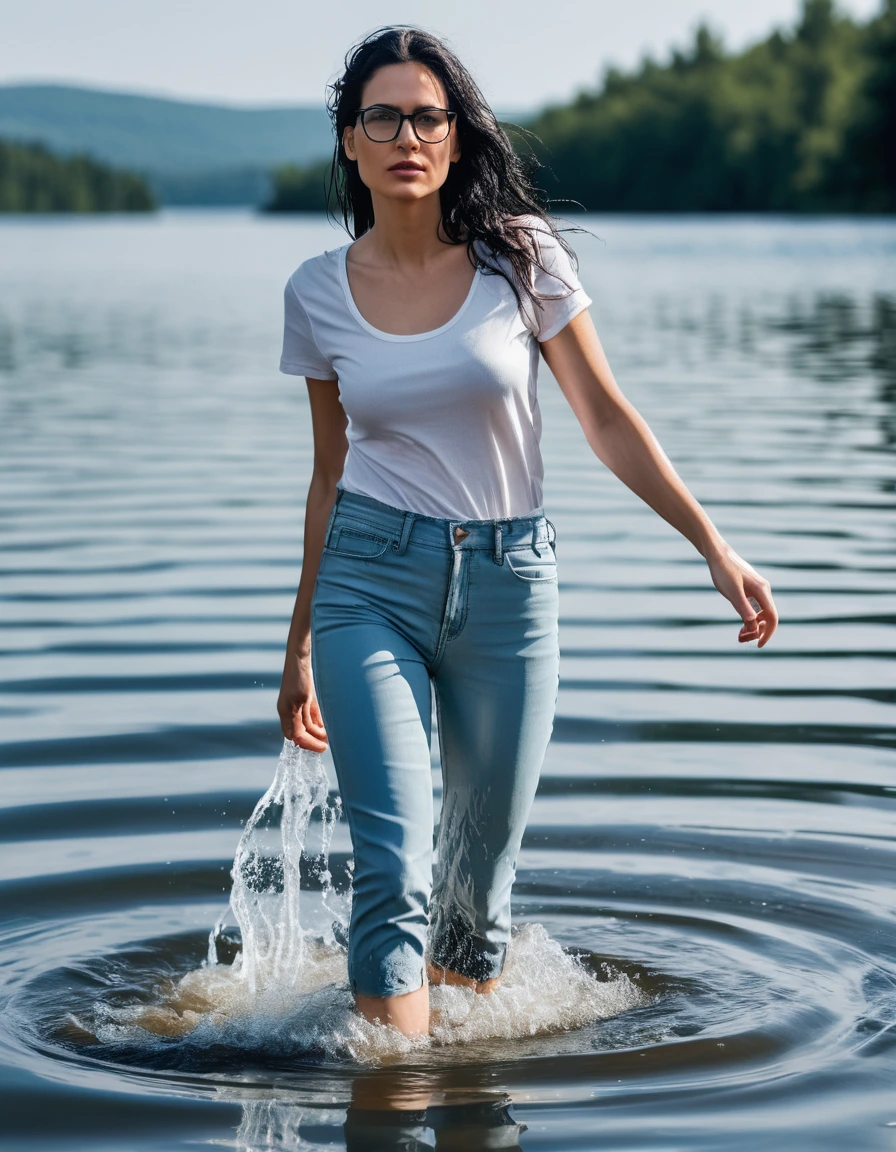 photo of young woman, in soaking wet, drenched clothes,
office shoes , long light blue leather jeans, white tank top with short sleeves, walking submerged in sunny deep lake, 
enjoying, wet clothes stuck to body,
detailed textures of the wet clothes, wet face, wet plastered hair,
wet, drenched, professional, high-quality details, full body view.
sharp focus, ultra-high pixel detail, realistic, high-quality, full colors, incredibly detailed, 4k, 8k, 16k, hyper-realistic, RAW photo, masterpiece, ultra-detailed, professionally color graded, professional photograph, woman 51 years old, long black hair, very big and thick lips, office glasses, complete body, open mouth