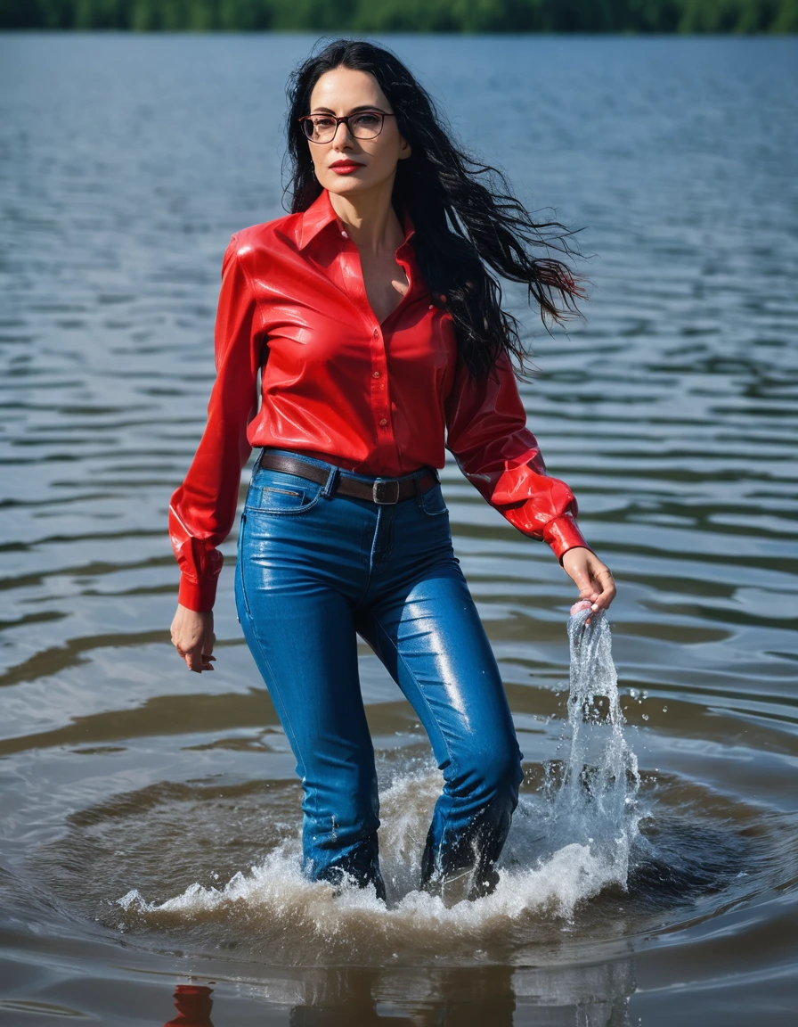 photo of young woman, in soaking wet, drenched clothes,
office shoes , long blue leather jeans, red jeans shirt with long sleeves, walking submerged in sunny deep lake, 
enjoying, wet clothes stuck to body,
detailed textures of the wet clothes, wet face, wet plastered hair,
wet, drenched, professional, high-quality details, full body view.
sharp focus, ultra-high pixel detail, realistic, high-quality, full colors, incredibly detailed, 4k, 8k, 16k, hyper-realistic, RAW photo, masterpiece, ultra-detailed, professionally color graded, professional photograph, woman 51 years old, long black hair, very big and thick lips, office glasses, complete body, open mouth