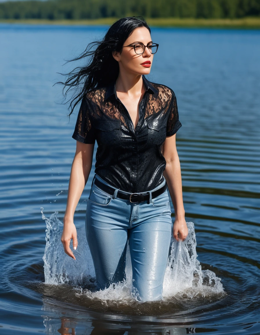 photo of young woman, in soaking wet, drenched clothes,
office shoes , long light blue leather jeans, black lace top with short sleeves, walking submerged in sunny deep lake, 
enjoying, wet clothes stuck to body,
detailed textures of the wet clothes, wet face, wet plastered hair,
wet, drenched, professional, high-quality details, full body view.
sharp focus, ultra-high pixel detail, realistic, high-quality, full colors, incredibly detailed, 4k, 8k, 16k, hyper-realistic, RAW photo, masterpiece, ultra-detailed, professionally color graded, professional photograph, woman 51 years old, long black hair, very big and thick lips, office glasses, complete body, open mouth