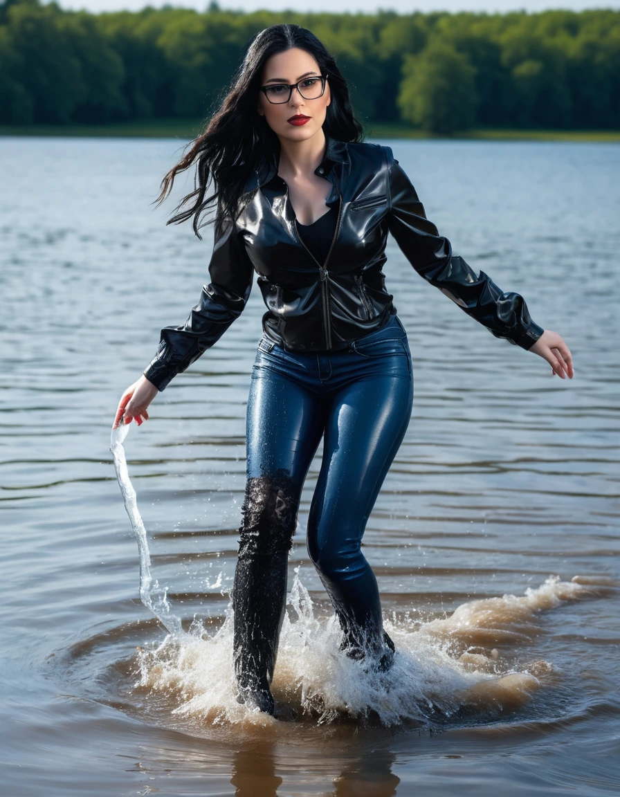 photo of young woman, in soaking wet, drenched clothes,
office shoes , long blue latex jeans, black silk lace shirt, black biker latex jacket, walking submerged in sunny deep lake, 
enjoying, wet clothes stuck to body,
detailed textures of the wet clothes, wet face, wet plastered hair,
wet, drenched, professional, high-quality details, full body view.
sharp focus, ultra-high pixel detail, realistic, high-quality, full colors, incredibly detailed, 4k, 8k, 16k, hyper-realistic, RAW photo, masterpiece, ultra-detailed, professionally color graded, professional photograph, woman 51 years old, long black hair, very big and thick lips, office glasses, complete body, open mouth
