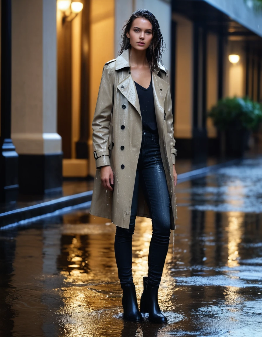 photo of young woman, in soaking wet, drenched clothes,
Black leather ankle boots, soaked and glistening, Dark wash skinny jeans, heavily saturated and clinging to skin, Oversized beige trench coat, dripping wet and darkened by rain, Upscale hotel driveway under warm golden portico lighting, 
enjoying, wet clothes stuck to body,
detailed textures of the wet clothes, wet face, wet plastered hair,
wet, drenched, professional, high-quality details, full body view.
sharp focus, ultra-high pixel detail, realistic, high-quality, full colors, incredibly detailed, 4k, 8k, 16k, hyper-realistic, RAW photo, masterpiece, ultra-detailed, professionally color graded, professional photograph, Cinematic atmosphere, torrential rain streaks, water pooling on asphalt, sharp reflections, high contrast, dramatic shadows, hyper-realistic wet fabric textures, 8k resolution., dry skin, dry clothes, dry fabric