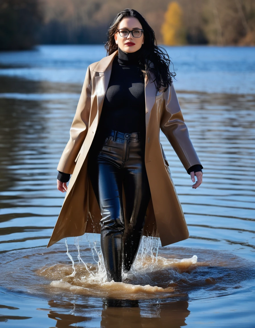photo of young woman, in soaking wet, drenched clothes,
office shoes , long black latex jeans, maxi light brown winter coat, walking submerged in sunny deep lake, 
enjoying, wet clothes stuck to body,
detailed textures of the wet clothes, wet face, wet plastered hair,
wet, drenched, professional, high-quality details, full body view.
sharp focus, ultra-high pixel detail, realistic, high-quality, full colors, incredibly detailed, 4k, 8k, 16k, hyper-realistic, RAW photo, masterpiece, ultra-detailed, professionally color graded, professional photograph, woman 51 years old, long black hair, very big and thick lips, office glasses, complete body, open mouth
