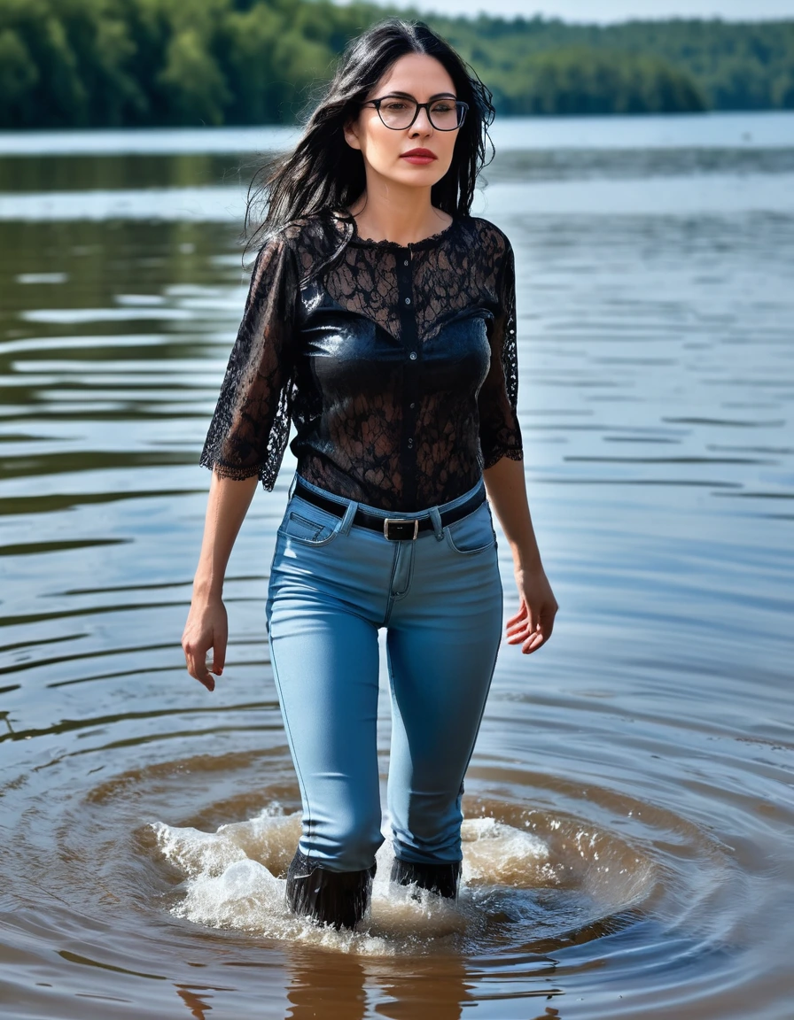 photo of young woman, in soaking wet, drenched clothes,
office shoes , long light blue leather jeans, black lace top with short sleeves, walking submerged in sunny deep lake, 
enjoying, wet clothes stuck to body,
detailed textures of the wet clothes, wet face, wet plastered hair,
wet, drenched, professional, high-quality details, full body view.
sharp focus, ultra-high pixel detail, realistic, high-quality, full colors, incredibly detailed, 4k, 8k, 16k, hyper-realistic, RAW photo, masterpiece, ultra-detailed, professionally color graded, professional photograph, woman 51 years old, long black hair, very big and thick lips, office glasses, complete body, open mouth