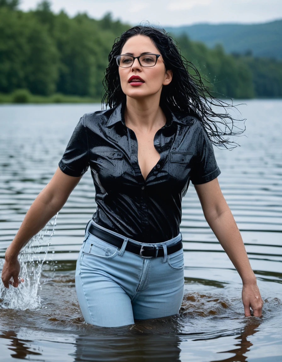 photo of young woman, in soaking wet, drenched clothes,
office shoes , long light blue leather jeans, black top with short sleeves, walking submerged in sunny deep lake, 
enjoying, wet clothes stuck to body,
detailed textures of the wet clothes, wet face, wet plastered hair,
wet, drenched, professional, high-quality details, full body view.
sharp focus, ultra-high pixel detail, realistic, high-quality, full colors, incredibly detailed, 4k, 8k, 16k, hyper-realistic, RAW photo, masterpiece, ultra-detailed, professionally color graded, professional photograph, woman 51 years old, long black hair, very big and thick lips, office glasses, complete body, open mouth