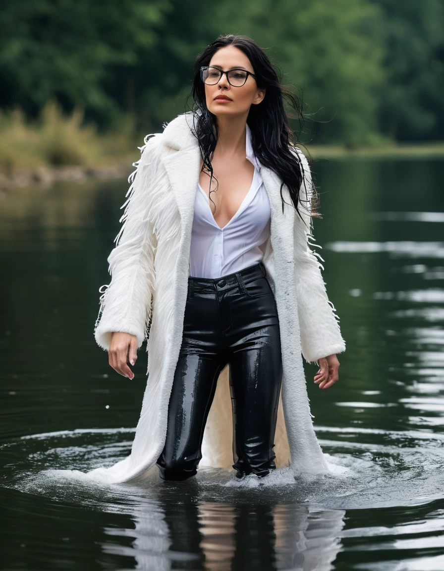 photo of young woman, in soaking wet, drenched clothes,
office shoes , long black latex jeans, maxi white fur coat, walking submerged in sunny deep lake, 
enjoying, wet clothes stuck to body,
detailed textures of the wet clothes, wet face, wet plastered hair,
wet, drenched, professional, high-quality details, full body view.
sharp focus, ultra-high pixel detail, realistic, high-quality, full colors, incredibly detailed, 4k, 8k, 16k, hyper-realistic, RAW photo, masterpiece, ultra-detailed, professionally color graded, professional photograph, woman 51 years old, long black hair, very big and thick lips, office glasses, complete body, open mouth
