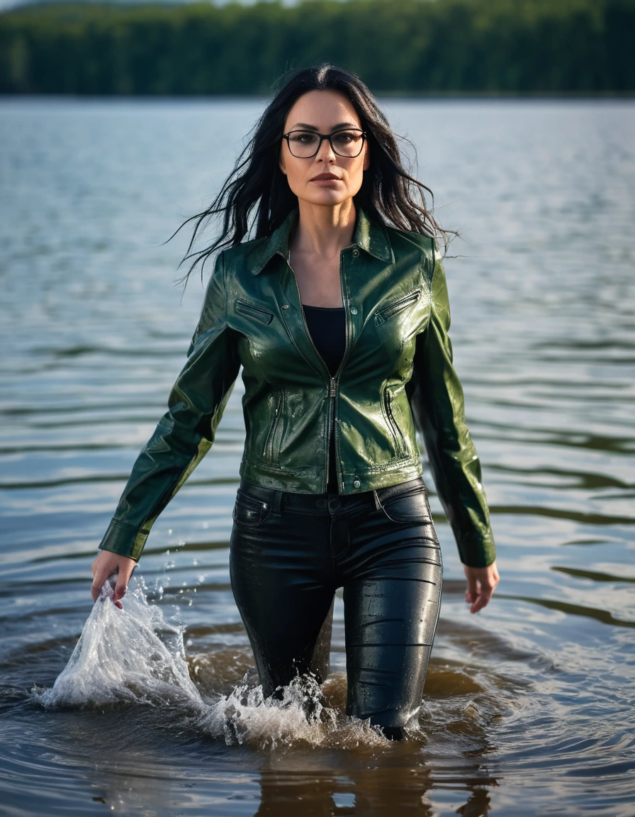 photo of young woman, in soaking wet, drenched clothes,
office shoes , long black leather jeans, dark green silk lace shirt, black biker leather jacket, walking submerged in sunny deep lake, 
enjoying, wet clothes stuck to body,
detailed textures of the wet clothes, wet face, wet plastered hair,
wet, drenched, professional, high-quality details, full body view.
sharp focus, ultra-high pixel detail, realistic, high-quality, full colors, incredibly detailed, 4k, 8k, 16k, hyper-realistic, RAW photo, masterpiece, ultra-detailed, professionally color graded, professional photograph, woman 51 years old, long black hair, very big and thick lips, office glasses, complete body, open mouth