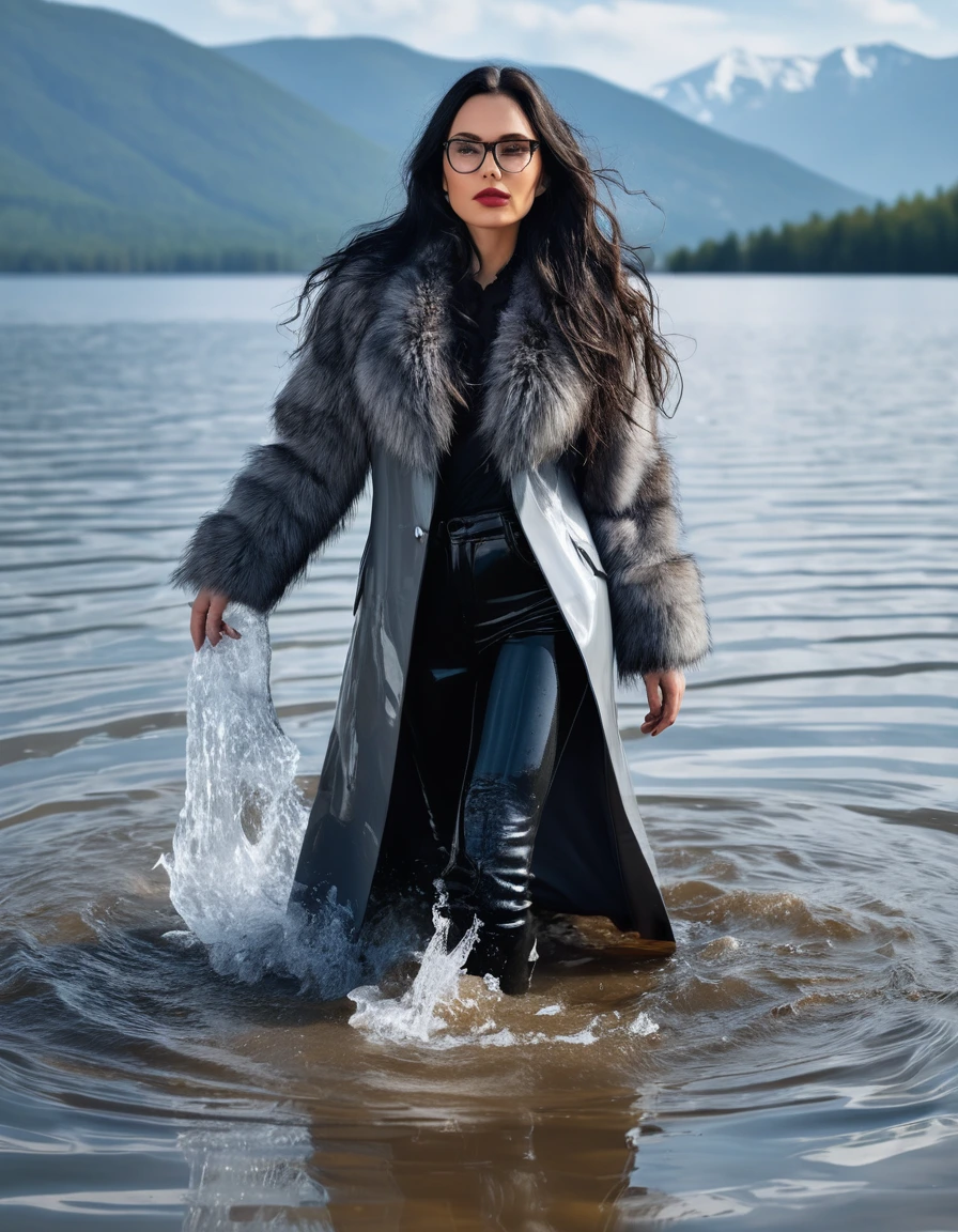 photo of young woman, in soaking wet, drenched clothes,
office shoes , long black latex jeans, maxi gray fur coat, walking submerged in sunny deep lake, 
enjoying, wet clothes stuck to body,
detailed textures of the wet clothes, wet face, wet plastered hair,
wet, drenched, professional, high-quality details, full body view.
sharp focus, ultra-high pixel detail, realistic, high-quality, full colors, incredibly detailed, 4k, 8k, 16k, hyper-realistic, RAW photo, masterpiece, ultra-detailed, professionally color graded, professional photograph, woman 51 years old, long black hair, very big and thick lips, office glasses, complete body, open mouth