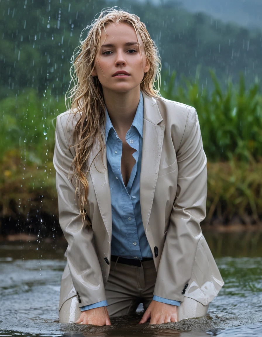 photo of young woman, in soaking wet, drenched clothes,
Beige Long Business Trouser, Beige Business Suit Jacket with light blue button down business shirt longsleeve, Clear Mountain lake with heavy rain, 
enjoying, wet clothes stuck to body,
detailed textures of the wet clothes, wet face, wet plastered hair,
wet, drenched, professional, high-quality details, full body view.
sharp focus, ultra-high pixel detail, realistic, high-quality, full colors, incredibly detailed, 4k, 8k, 16k, hyper-realistic, RAW photo, masterpiece, ultra-detailed, professionally color graded, professional photograph, young elegant beautiful white Blonde women, breast deep submerged, under a big rainshower, fully clothed, completely soaked, fully drenched, completely wet, wetlook, heavy rain, side parting, long hair, rain storm, looks confidently into camera, dry skin, dry clothes, dry fabric