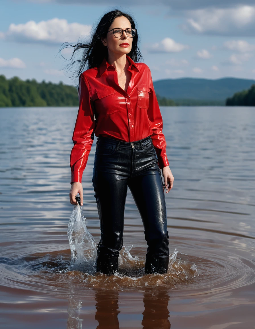 photo of young woman, in soaking wet, drenched clothes,
office shoes , long black leather jeans, red jeans shirt with long sleeves, walking submerged in sunny deep lake, 
enjoying, wet clothes stuck to body,
detailed textures of the wet clothes, wet face, wet plastered hair,
wet, drenched, professional, high-quality details, full body view.
sharp focus, ultra-high pixel detail, realistic, high-quality, full colors, incredibly detailed, 4k, 8k, 16k, hyper-realistic, RAW photo, masterpiece, ultra-detailed, professionally color graded, professional photograph, woman 51 years old, long black hair, very big and thick lips, office glasses, complete body, open mouth