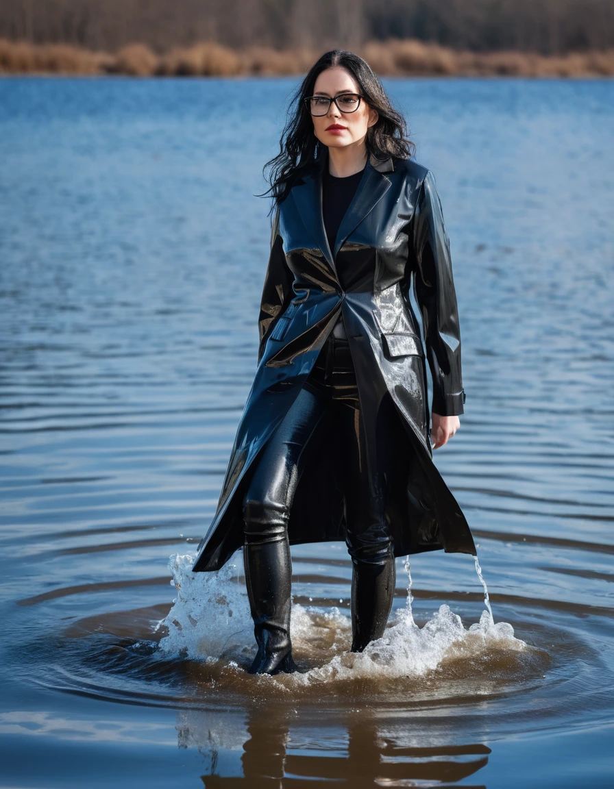 photo of young woman, in soaking wet, drenched clothes,
office shoes , long black latex jeans, maxi black winter coat, walking submerged in sunny deep lake, 
enjoying, wet clothes stuck to body,
detailed textures of the wet clothes, wet face, wet plastered hair,
wet, drenched, professional, high-quality details, full body view.
sharp focus, ultra-high pixel detail, realistic, high-quality, full colors, incredibly detailed, 4k, 8k, 16k, hyper-realistic, RAW photo, masterpiece, ultra-detailed, professionally color graded, professional photograph, woman 51 years old, long black hair, very big and thick lips, office glasses, complete body, open mouth