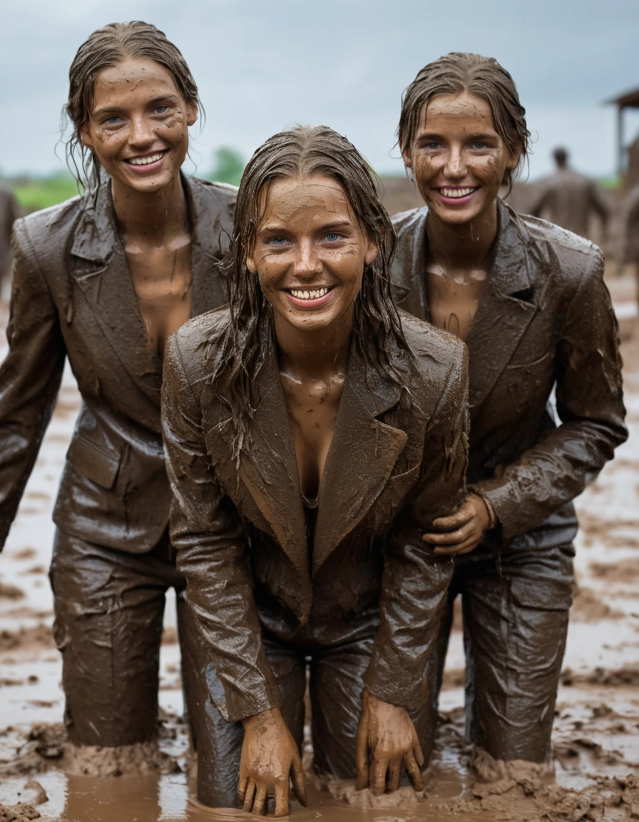 photo of young woman, in soaking wet, drenched clothes,
, Long tight very muddy suit pants, Full muddy ruined fully opened tight blazer like a fancy uniform with large cleavage over topless small boobs., Dark muddy indoor disco club at night. Deep mud on the floor, mud splashed walls, dripping mud from above, very dark mood lighting with pink and blue neon lights from above. Muddy chairs and sofas in the background. , 
enjoying, wet clothes stuck to body,
detailed textures of the wet clothes, wet face, wet plastered hair,
wet, drenched, professional, high-quality details, full body view.
sharp focus, ultra-high pixel detail, realistic, high-quality, full colors, incredibly detailed, 4k, 8k, 16k, hyper-realistic, RAW photo, masterpiece, ultra-detailed, professionally color graded, professional photograph, Four cute blonde tall 15 years old beautiful gleaming girls with childish appearance are wallowing together in the muddy pool after a full dip in it and holding a glass of juice in their hands during the crazy muddy indoor disco party at night and posing for a professional photo. They are proudly wearing their fully and heavily mud-covered suits. Every small details of the clothes are muddy, clean beautiful faces. Their blazer has the same colour as their muddy pants. The classy elegant disco club is totally destroyed by mud, mud spots everywhere, mud flows down on the walls, mud on the furnitures in the background. Straight muddy very long open wavy hairstyle, muddy hair, smiling childish and satisfied beautiful clean faces, blue eyes, earrings, lipstick. The girls are enjoying to being total muddy in the muddy pool while they are enjoying the muddy party. Photorealistic detailed smiling facial expressions. Full-body photo from front view, highly realistic representation, ultra sharp focus, highly photorealistic detailed textures, highly photorealistic detailed facial features and expressions, highly photorealistic hands, highly emotional reactions, highly best quality, highly sharp photorealistic image, highly photorealistic details, full UHD resolution, 32 K, very high level of detail and image sharpness, zoomed in, dry skin, dry clothes, dry fabric