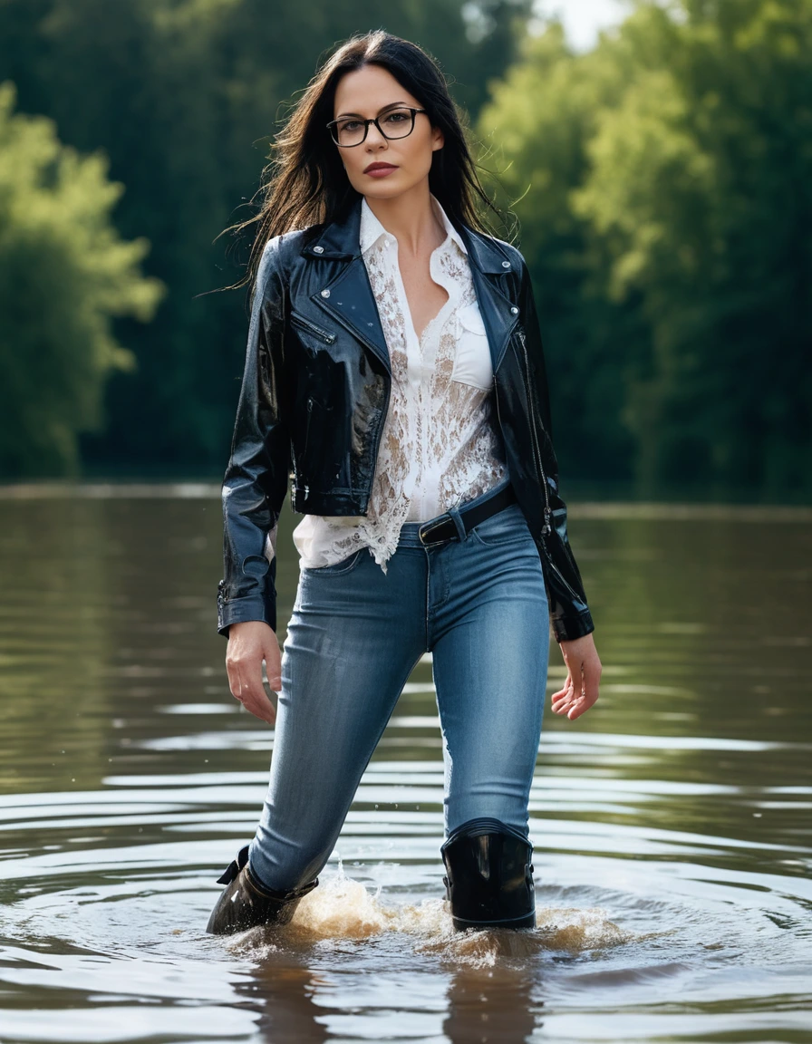 photo of young woman, in soaking wet, drenched clothes,
office shoes , long  light blue leather jeans, white silk lace shirt, black biker leather jacket, walking submerged in sunny deep lake, 
enjoying, wet clothes stuck to body,
detailed textures of the wet clothes, wet face, wet plastered hair,
wet, drenched, professional, high-quality details, full body view.
sharp focus, ultra-high pixel detail, realistic, high-quality, full colors, incredibly detailed, 4k, 8k, 16k, hyper-realistic, RAW photo, masterpiece, ultra-detailed, professionally color graded, professional photograph, woman 51 years old, long black hair, very big and thick lips, office glasses, complete body, open mouth