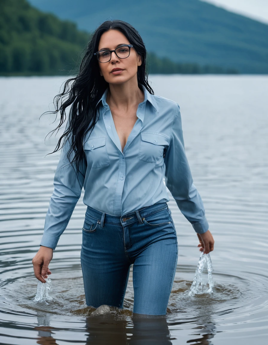 photo of young woman, in soaking wet, drenched clothes,
office shoes , long light blue leather jeans, light blue jeans shirt with long sleeves, walking submerged in sunny deep lake, 
enjoying, wet clothes stuck to body,
detailed textures of the wet clothes, wet face, wet plastered hair,
wet, drenched, professional, high-quality details, full body view.
sharp focus, ultra-high pixel detail, realistic, high-quality, full colors, incredibly detailed, 4k, 8k, 16k, hyper-realistic, RAW photo, masterpiece, ultra-detailed, professionally color graded, professional photograph, woman 51 years old, long black hair, very big and thick lips, office glasses, complete body, open mouth