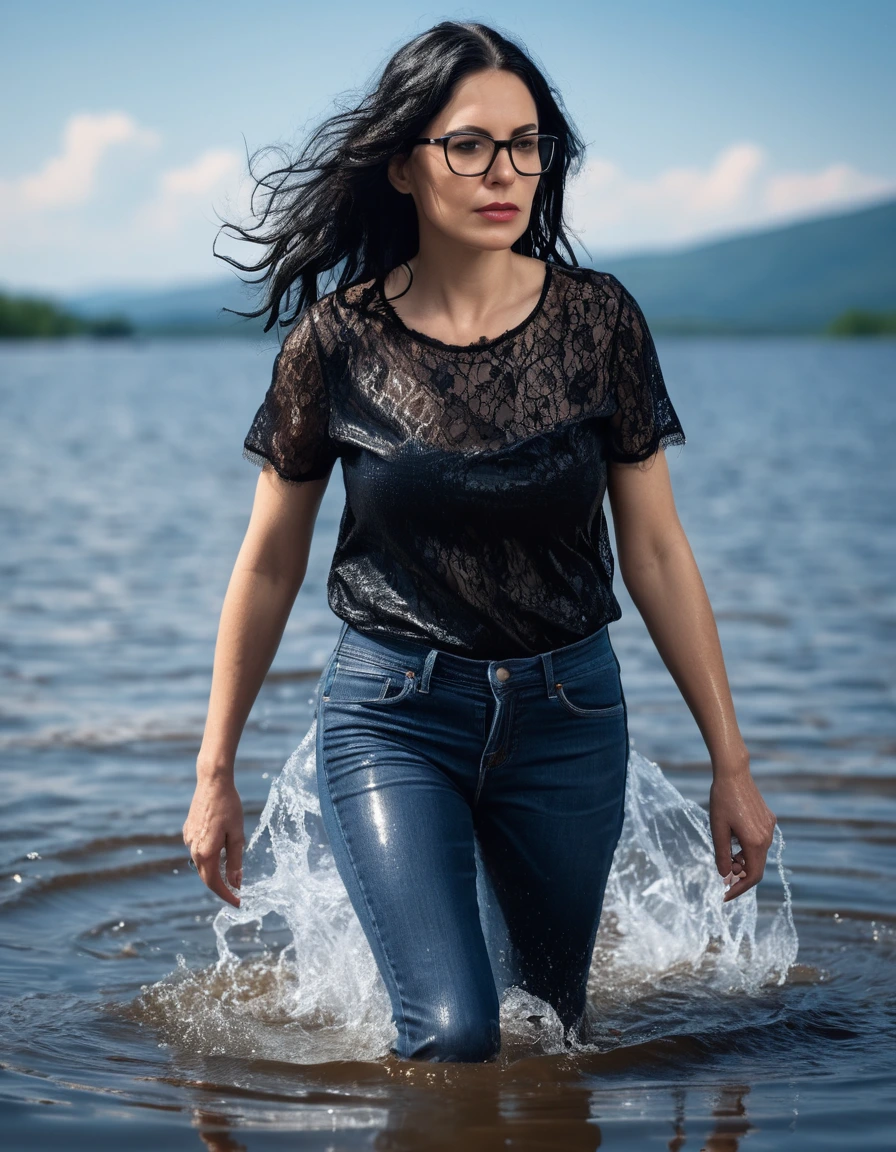photo of young woman, in soaking wet, drenched clothes,
office shoes , long blue leather jeans, black lace top with short sleeves, walking submerged in sunny deep lake, 
enjoying, wet clothes stuck to body,
detailed textures of the wet clothes, wet face, wet plastered hair,
wet, drenched, professional, high-quality details, full body view.
sharp focus, ultra-high pixel detail, realistic, high-quality, full colors, incredibly detailed, 4k, 8k, 16k, hyper-realistic, RAW photo, masterpiece, ultra-detailed, professionally color graded, professional photograph, woman 51 years old, long black hair, very big and thick lips, office glasses, complete body, open mouth