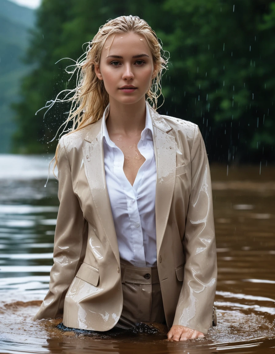 photo of young woman, in soaking wet, drenched clothes,
Beige Long Business Trouser, Beige Business Suit Jacket with white button down business shirt longsleeve, Clear Mountain lake with heavy rain, 
enjoying, wet clothes stuck to body,
detailed textures of the wet clothes, wet face, wet plastered hair,
wet, drenched, professional, high-quality details, full body view.
sharp focus, ultra-high pixel detail, realistic, high-quality, full colors, incredibly detailed, 4k, 8k, 16k, hyper-realistic, RAW photo, masterpiece, ultra-detailed, professionally color graded, professional photograph, young elegant beautiful white Blonde women, breast deep submerged, under a big rainshower, fully clothed, completely soaked, fully drenched, completely wet, wetlook, heavy rain, side parting, long hair, rain storm, looks confidently into camera, dry skin, dry clothes, dry fabric