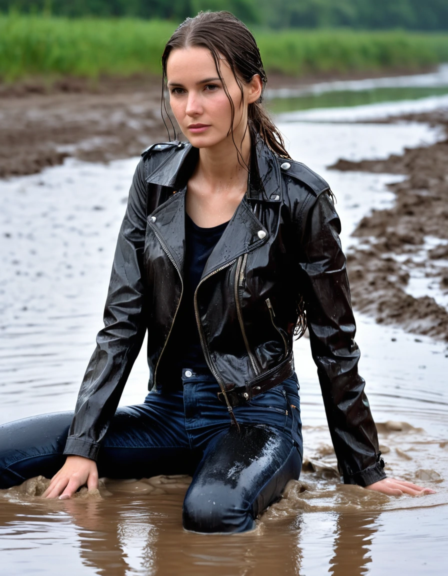 photo of young woman, in soaking wet, drenched clothes,
Muddy black leather knee-high high heeled boots, skin tight black leather jeans, black silk long sleeve leather shirt, black bikers leather jacket, black leather trench coat, lying in a mud river, water up to waist, very muddy shirts, super close up, 
enjoying, wet clothes stuck to body,
detailed textures of the wet clothes, wet face, wet plastered hair,
wet, drenched, professional, high-quality details, full body view.
sharp focus, ultra-high pixel detail, realistic, high-quality, full colors, incredibly detailed, 4k, 8k, 16k, hyper-realistic, RAW photo, masterpiece, ultra-detailed, professionally color graded, professional photograph, white woman, long dripping wet brown hair, dry skin, dry clothes, dry fabric, dry skin, dry clothes, dry fabric
