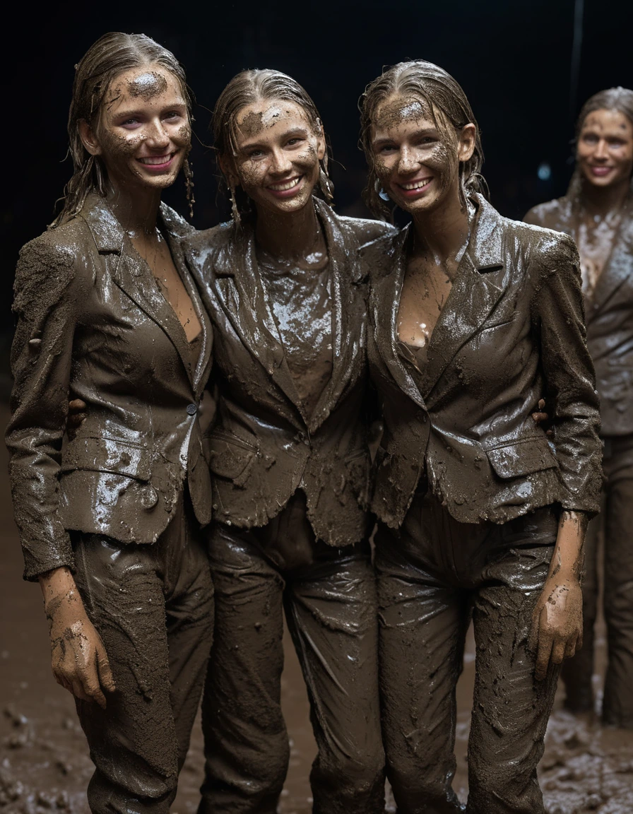 photo of young woman, in soaking wet, drenched clothes,
, Long tight very muddy suit pants, Full muddy ruined fully opened tight blazer like a fancy uniform over topless boobs., Dark muddy indoor disco club at night. Deep mud on the floor, mud splashed walls, dripping mud from above, very dark mood lighting with pink and blue neon lights from above. Muddy chairs and sofas in the background. , 
enjoying, wet clothes stuck to body,
detailed textures of the wet clothes, wet face, wet plastered hair,
wet, drenched, professional, high-quality details, full body view.
sharp focus, ultra-high pixel detail, realistic, high-quality, full colors, incredibly detailed, 4k, 8k, 16k, hyper-realistic, RAW photo, masterpiece, ultra-detailed, professionally color graded, professional photograph, Four cute blonde tall 15 years old beautiful gleaming girls with childish appearance are wallowing together in the muddy pool after a full dip in it and holding a glass of juice in their hands during the crazy muddy indoor disco party at night and posing for a professional photo. They are proudly wearing their fully and heavily mud-covered suits. Every small details of the clothes are muddy, clean beautiful faces. Their blazer has the same colour as their muddy pants. The classy elegant disco club is totally destroyed by mud, mud spots everywhere, mud flows down on the walls, mud on the furnitures in the background. Straight muddy very long open wavy hairstyle, muddy hair, smiling childish and satisfied beautiful clean faces, blue eyes, earrings, lipstick. The girls are enjoying to being total muddy in the muddy pool while they are enjoying the muddy party. Photorealistic detailed smiling facial expressions. Full-body photo from front view, highly realistic representation, ultra sharp focus, highly photorealistic detailed textures, highly photorealistic detailed facial features and expressions, highly photorealistic hands, highly emotional reactions, highly best quality, highly sharp photorealistic image, highly photorealistic details, full UHD resolution, 32 K, very high level of detail and image sharpness, zoomed in, dry skin, dry clothes, dry fabric