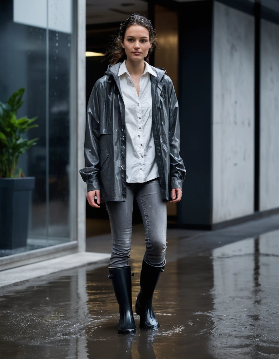 photo of young woman, in soaking wet, drenched clothes,
black rubber rain boots, water puddles inside, charcoal grey skinny jeans, heavily saturated and clinging to skin, white button-down shirt, soaked through, translucent fabric cling, glass lobby entrance of an office building, concrete steps, 
enjoying, wet clothes stuck to body,
detailed textures of the wet clothes, wet face, wet plastered hair,
wet, drenched, professional, high-quality details, full body view.
sharp focus, ultra-high pixel detail, realistic, high-quality, full colors, incredibly detailed, 4k, 8k, 16k, hyper-realistic, RAW photo, masterpiece, ultra-detailed, professionally color graded, professional photograph, heavy downpour, wind-blown rain streaks, dramatic chiaroscuro lighting, cinematic street photography, hyper-realistic water droplets, fabric texture detail, 85mm lens, dry skin, dry clothes, dry fabric