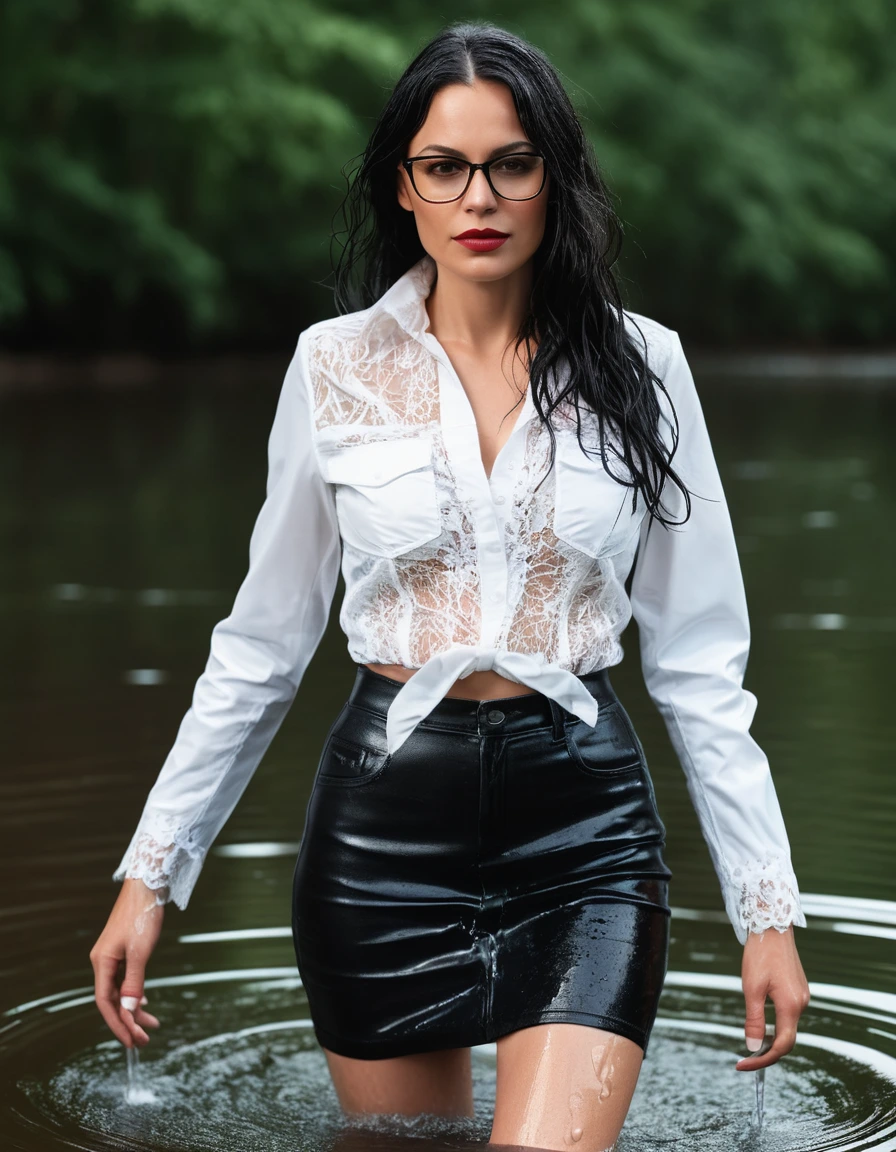 photo of young woman, in soaking wet, drenched clothes,
office shoes , mini black leather jeans skirt, white silk lace shirt, black biker leather jacket, walking submerged in sunny deep lake, 
enjoying, wet clothes stuck to body,
detailed textures of the wet clothes, wet face, wet plastered hair,
wet, drenched, professional, high-quality details, full body view.
sharp focus, ultra-high pixel detail, realistic, high-quality, full colors, incredibly detailed, 4k, 8k, 16k, hyper-realistic, RAW photo, masterpiece, ultra-detailed, professionally color graded, professional photograph, woman 51 years old, long black hair, very big and thick lips, office glasses, complete body, open mouth