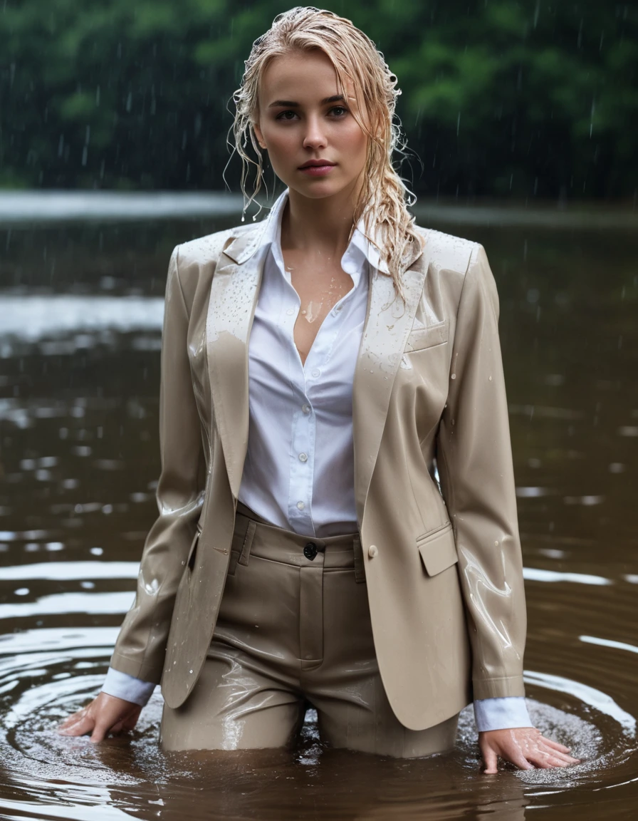 photo of young woman, in soaking wet, drenched clothes,
Beige Long Business Trouser, Beige Business Suit Jacket with white button down business shirt longsleeve, Clear Mountain lake with heavy rain, 
enjoying, wet clothes stuck to body,
detailed textures of the wet clothes, wet face, wet plastered hair,
wet, drenched, professional, high-quality details, full body view.
sharp focus, ultra-high pixel detail, realistic, high-quality, full colors, incredibly detailed, 4k, 8k, 16k, hyper-realistic, RAW photo, masterpiece, ultra-detailed, professionally color graded, professional photograph, young elegant beautiful white Blonde women, breast deep submerged, under a big rainshower, fully clothed, completely soaked, fully drenched, completely wet, wetlook, heavy rain, side parting, long hair, rain storm, looks confidently into camera, dry skin, dry clothes, dry fabric