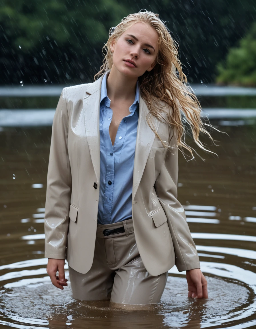 photo of young woman, in soaking wet, drenched clothes,
Beige Long Business Trouser, Beige Business Suit Jacket with light blue button down business shirt longsleeve, Clear Mountain lake with heavy rain, 
enjoying, wet clothes stuck to body,
detailed textures of the wet clothes, wet face, wet plastered hair,
wet, drenched, professional, high-quality details, full body view.
sharp focus, ultra-high pixel detail, realistic, high-quality, full colors, incredibly detailed, 4k, 8k, 16k, hyper-realistic, RAW photo, masterpiece, ultra-detailed, professionally color graded, professional photograph, young elegant beautiful white Blonde women, breast deep submerged, under a big rainshower, fully clothed, completely soaked, fully drenched, completely wet, wetlook, heavy rain, side parting, long hair, rain storm, looks confidently into camera, dry skin, dry clothes, dry fabric