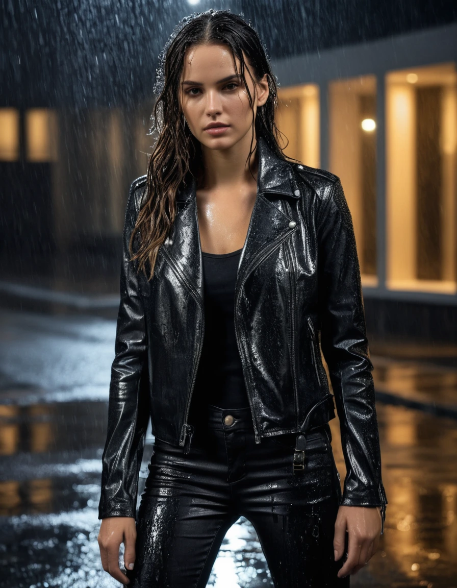 photo of young woman, in soaking wet, drenched clothes,
Black leather ankle boots, soaked and glistening, skin tight black leather jeans, saturated , black long sleeve leather shirt, black bikers leather jacket, Upscale hotel driveway under warm golden portico lighting, 
enjoying, wet clothes stuck to body,
detailed textures of the wet clothes, wet face, wet plastered hair,
wet, drenched, professional, high-quality details, full body view.
sharp focus, ultra-high pixel detail, realistic, high-quality, full colors, incredibly detailed, 4k, 8k, 16k, hyper-realistic, RAW photo, masterpiece, ultra-detailed, professionally color graded, professional photograph, Cinematic atmosphere, torrential rain streaks, water pooling on asphalt, sharp reflections, high contrast, dramatic shadows, hyper-realistic wet fabric textures, 8k resolution., dry skin, dry clothes, dry fabric