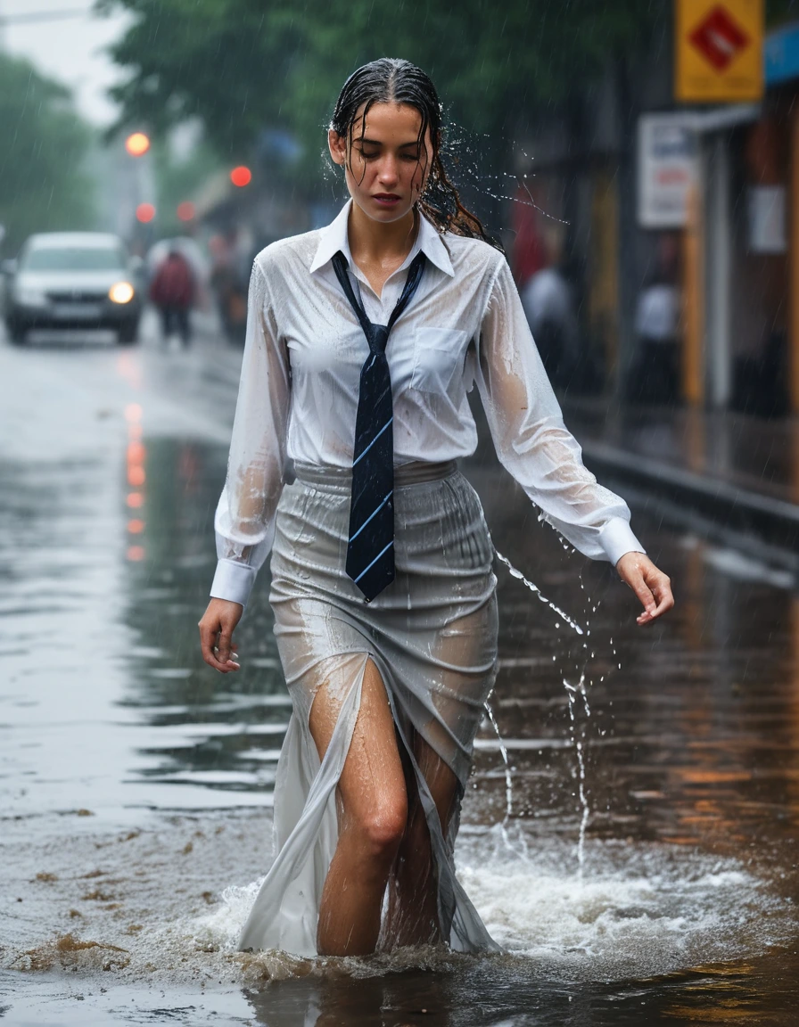 photo of young woman, in soaking wet, drenched clothes,
heels, maxi skirt, long sleeved sheer white blouse, necktie, street, 
enjoying, wet clothes stuck to body,
detailed textures of the wet clothes, wet face, wet plastered hair,
wet, drenched, professional, high-quality details, full body view.
sharp focus, ultra-high pixel detail, realistic, high-quality, full colors, incredibly detailed, 4k, 8k, 16k, hyper-realistic, RAW photo, masterpiece, ultra-detailed, professionally color graded, professional photograph, heavy rain, sad, crying