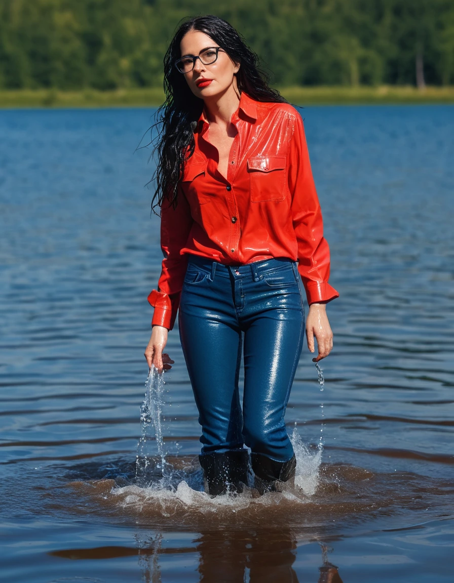 photo of young woman, in soaking wet, drenched clothes,
office shoes , long blue leather jeans, red jeans shirt with long sleeves, walking submerged in sunny deep lake, 
enjoying, wet clothes stuck to body,
detailed textures of the wet clothes, wet face, wet plastered hair,
wet, drenched, professional, high-quality details, full body view.
sharp focus, ultra-high pixel detail, realistic, high-quality, full colors, incredibly detailed, 4k, 8k, 16k, hyper-realistic, RAW photo, masterpiece, ultra-detailed, professionally color graded, professional photograph, woman 51 years old, long black hair, very big and thick lips, office glasses, complete body, open mouth