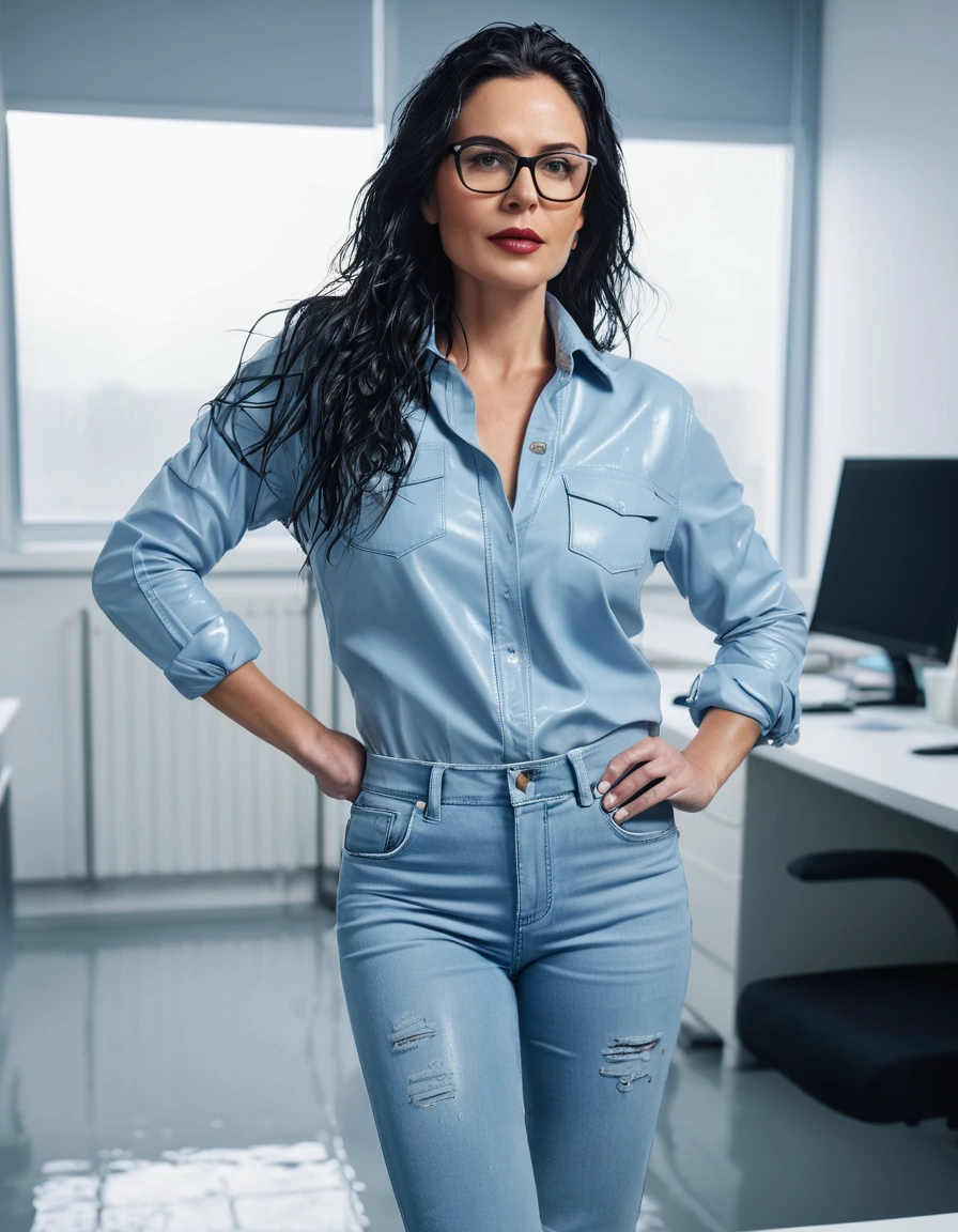 photo of young woman, in soaking wet, drenched clothes,
office shoes , long light blue leather jeans, light blue jeans shirt with long sleeves, in office room, 
enjoying, wet clothes stuck to body,
detailed textures of the wet clothes, wet face, wet plastered hair,
wet, drenched, professional, high-quality details, full body view.
sharp focus, ultra-high pixel detail, realistic, high-quality, full colors, incredibly detailed, 4k, 8k, 16k, hyper-realistic, RAW photo, masterpiece, ultra-detailed, professionally color graded, professional photograph, woman 51 years old, long black hair, very big and thick lips, office glasses, complete body, open mouth