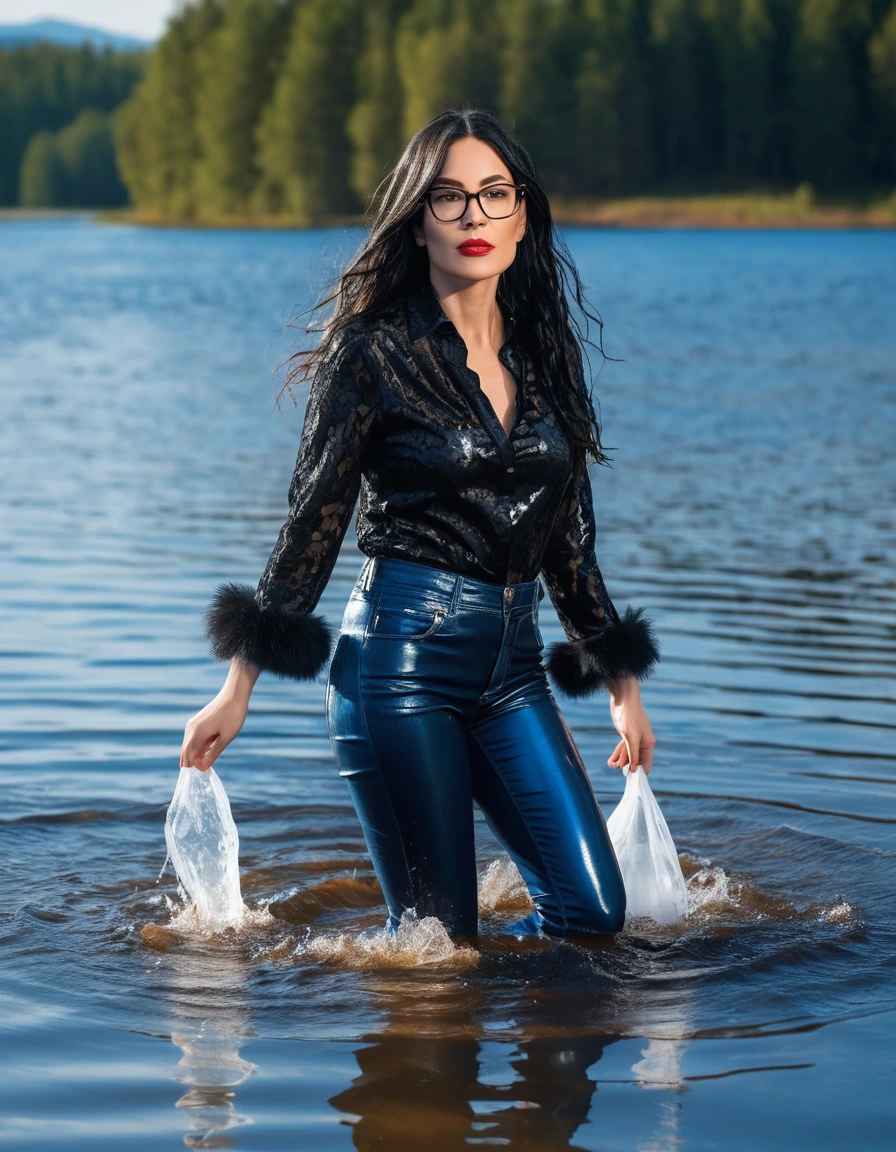 photo of young woman, in soaking wet, drenched clothes,
office shoes , long blue latex jeans, black silk lace shirt, black fur coat, walking submerged in sunny deep lake, 
enjoying, wet clothes stuck to body,
detailed textures of the wet clothes, wet face, wet plastered hair,
wet, drenched, professional, high-quality details, full body view.
sharp focus, ultra-high pixel detail, realistic, high-quality, full colors, incredibly detailed, 4k, 8k, 16k, hyper-realistic, RAW photo, masterpiece, ultra-detailed, professionally color graded, professional photograph, woman 51 years old, long black hair, very big and thick lips, office glasses, complete body, open mouth
