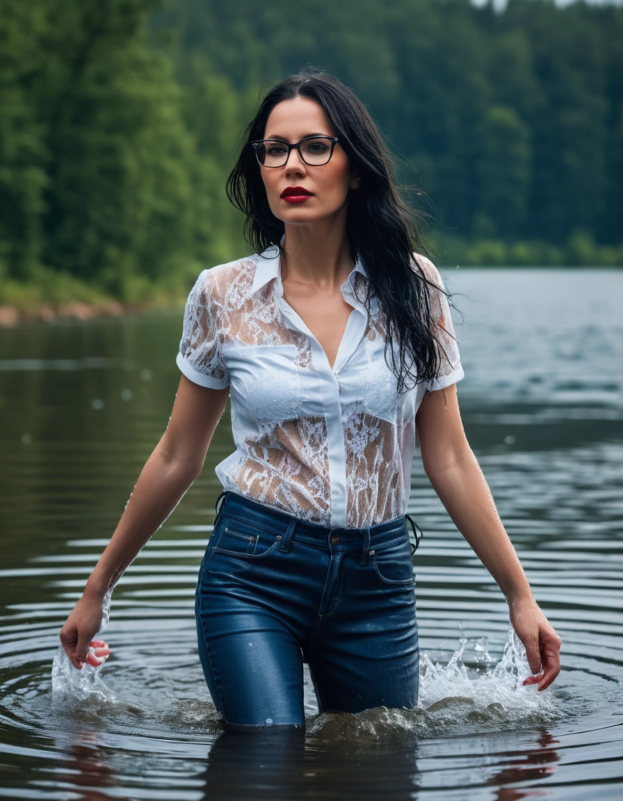 photo of young woman, in soaking wet, drenched clothes,
office shoes , long blue leather jeans, red lace top with short sleeves, walking submerged in sunny deep lake, 
enjoying, wet clothes stuck to body,
detailed textures of the wet clothes, wet face, wet plastered hair,
wet, drenched, professional, high-quality details, full body view.
sharp focus, ultra-high pixel detail, realistic, high-quality, full colors, incredibly detailed, 4k, 8k, 16k, hyper-realistic, RAW photo, masterpiece, ultra-detailed, professionally color graded, professional photograph, woman 51 years old, long black hair, very big and thick lips, office glasses, complete body, open mouth