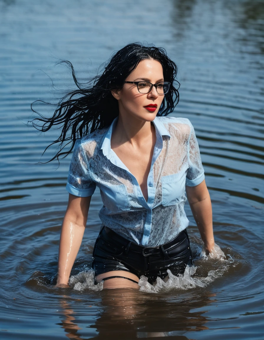 photo of young woman, in soaking wet, drenched clothes,
office shoes , long light blue leather jeans, black lace top with short sleeves, walking submerged in sunny deep lake, 
enjoying, wet clothes stuck to body,
detailed textures of the wet clothes, wet face, wet plastered hair,
wet, drenched, professional, high-quality details, full body view.
sharp focus, ultra-high pixel detail, realistic, high-quality, full colors, incredibly detailed, 4k, 8k, 16k, hyper-realistic, RAW photo, masterpiece, ultra-detailed, professionally color graded, professional photograph, woman 51 years old, long black hair, very big and thick lips, office glasses, complete body, open mouth