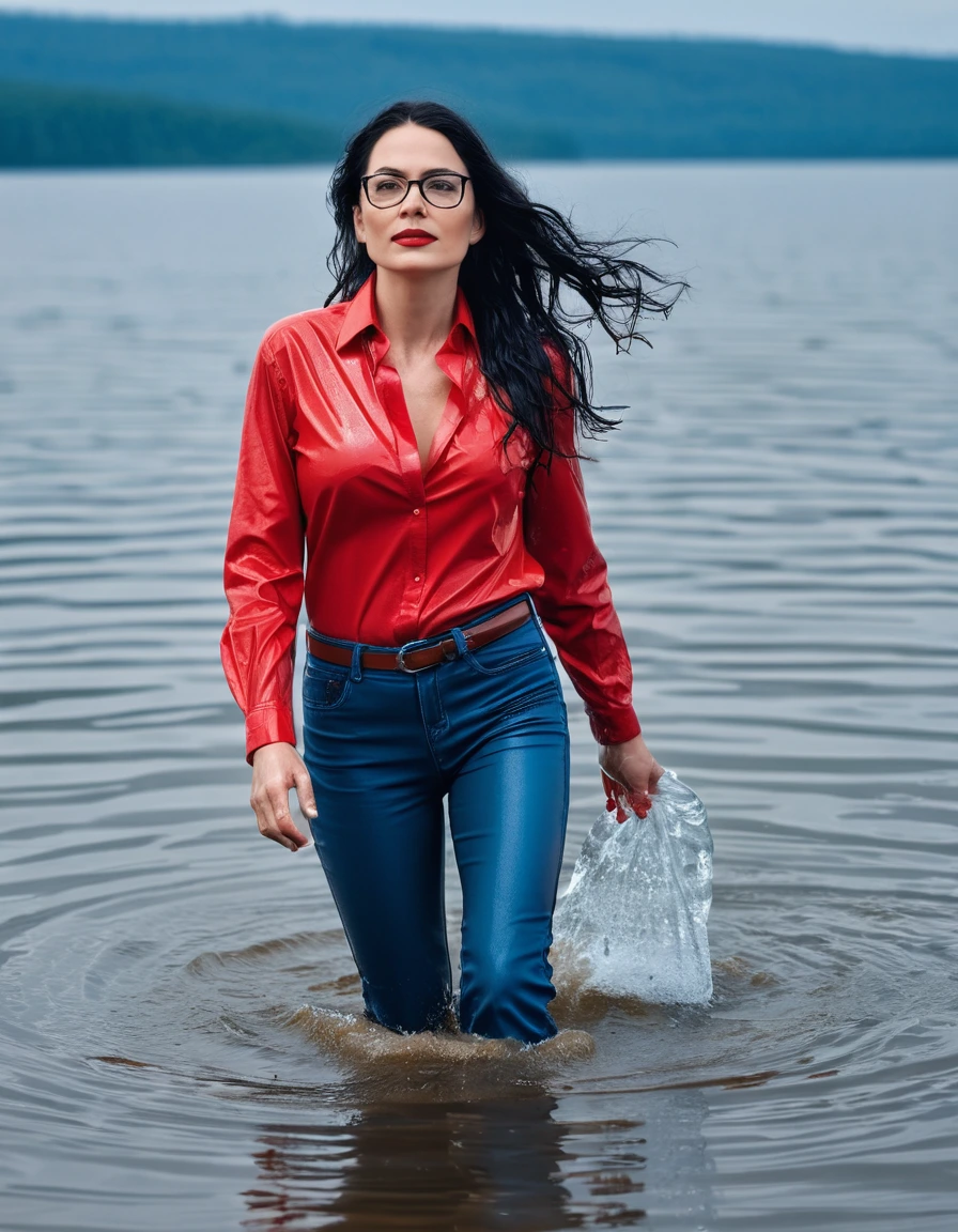 photo of young woman, in soaking wet, drenched clothes,
office shoes , long blue leather jeans, red jeans shirt with long sleeves, walking submerged in sunny deep lake, 
enjoying, wet clothes stuck to body,
detailed textures of the wet clothes, wet face, wet plastered hair,
wet, drenched, professional, high-quality details, full body view.
sharp focus, ultra-high pixel detail, realistic, high-quality, full colors, incredibly detailed, 4k, 8k, 16k, hyper-realistic, RAW photo, masterpiece, ultra-detailed, professionally color graded, professional photograph, woman 51 years old, long black hair, very big and thick lips, office glasses, complete body, open mouth