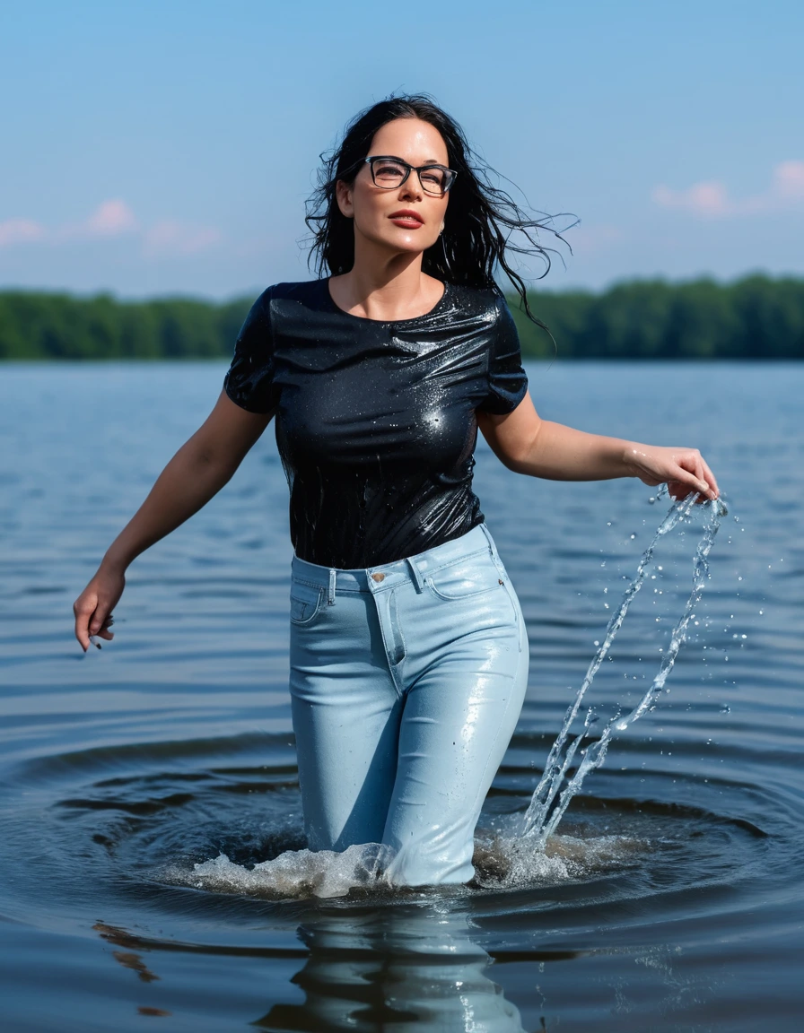 photo of young woman, in soaking wet, drenched clothes,
office shoes , long light blue leather jeans, black top with short sleeves, walking submerged in sunny deep lake, 
enjoying, wet clothes stuck to body,
detailed textures of the wet clothes, wet face, wet plastered hair,
wet, drenched, professional, high-quality details, full body view.
sharp focus, ultra-high pixel detail, realistic, high-quality, full colors, incredibly detailed, 4k, 8k, 16k, hyper-realistic, RAW photo, masterpiece, ultra-detailed, professionally color graded, professional photograph, woman 51 years old, long black hair, very big and thick lips, office glasses, complete body, open mouth