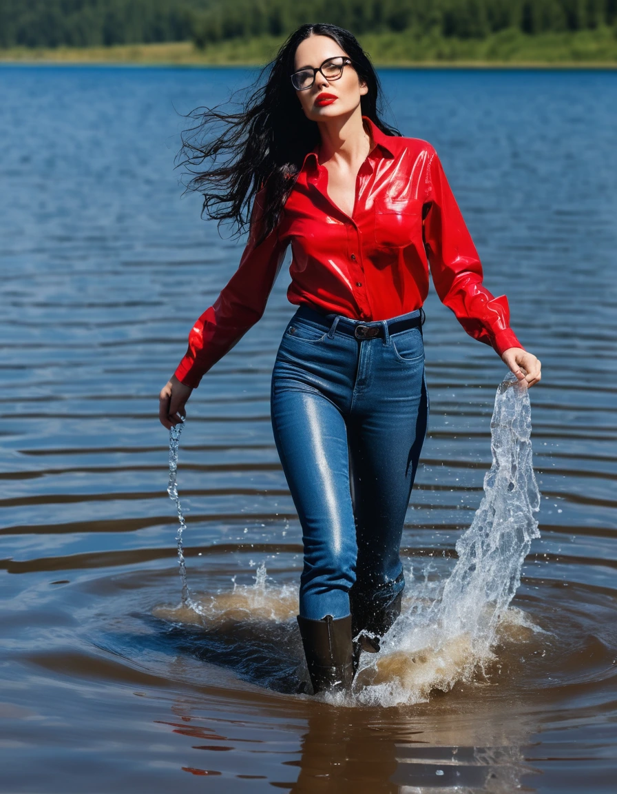 photo of young woman, in soaking wet, drenched clothes,
office shoes , long blue leather jeans, red jeans shirt with long sleeves, walking submerged in sunny deep lake, 
enjoying, wet clothes stuck to body,
detailed textures of the wet clothes, wet face, wet plastered hair,
wet, drenched, professional, high-quality details, full body view.
sharp focus, ultra-high pixel detail, realistic, high-quality, full colors, incredibly detailed, 4k, 8k, 16k, hyper-realistic, RAW photo, masterpiece, ultra-detailed, professionally color graded, professional photograph, woman 51 years old, long black hair, very big and thick lips, office glasses, complete body, open mouth