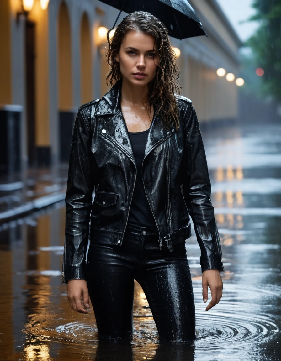 photo of young woman, in soaking wet, drenched clothes,
Black leather ankle boots, soaked and glistening, skin tight black leather jeans, saturated , black long sleeve leather shirt, black bikers leather jacket, Upscale hotel driveway under warm golden portico lighting, 
enjoying, wet clothes stuck to body,
detailed textures of the wet clothes, wet face, wet plastered hair,
wet, drenched, professional, high-quality details, full body view.
sharp focus, ultra-high pixel detail, realistic, high-quality, full colors, incredibly detailed, 4k, 8k, 16k, hyper-realistic, RAW photo, masterpiece, ultra-detailed, professionally color graded, professional photograph, Cinematic atmosphere, torrential rain streaks, water pooling on asphalt, sharp reflections, high contrast, dramatic shadows, hyper-realistic wet fabric textures, 8k resolution., dry skin, dry clothes, dry fabric