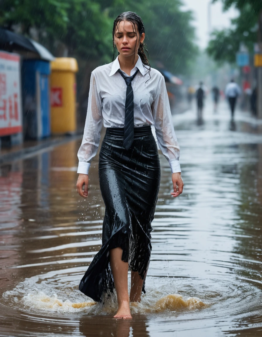 photo of young woman, in soaking wet, drenched clothes,
heels, black maxi skirt, long sleeved sheer white blouse, necktie, street, 
enjoying, wet clothes stuck to body,
detailed textures of the wet clothes, wet face, wet plastered hair,
wet, drenched, professional, high-quality details, full body view.
sharp focus, ultra-high pixel detail, realistic, high-quality, full colors, incredibly detailed, 4k, 8k, 16k, hyper-realistic, RAW photo, masterpiece, ultra-detailed, professionally color graded, professional photograph, heavy rain, girl is sad and crying