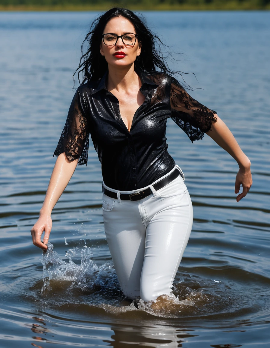 photo of young woman, in soaking wet, drenched clothes,
office shoes , long white leather jeans, black lace top with short sleeves, walking submerged in sunny deep lake, 
enjoying, wet clothes stuck to body,
detailed textures of the wet clothes, wet face, wet plastered hair,
wet, drenched, professional, high-quality details, full body view.
sharp focus, ultra-high pixel detail, realistic, high-quality, full colors, incredibly detailed, 4k, 8k, 16k, hyper-realistic, RAW photo, masterpiece, ultra-detailed, professionally color graded, professional photograph, woman 51 years old, long black hair, very big and thick lips, office glasses, complete body, open mouth